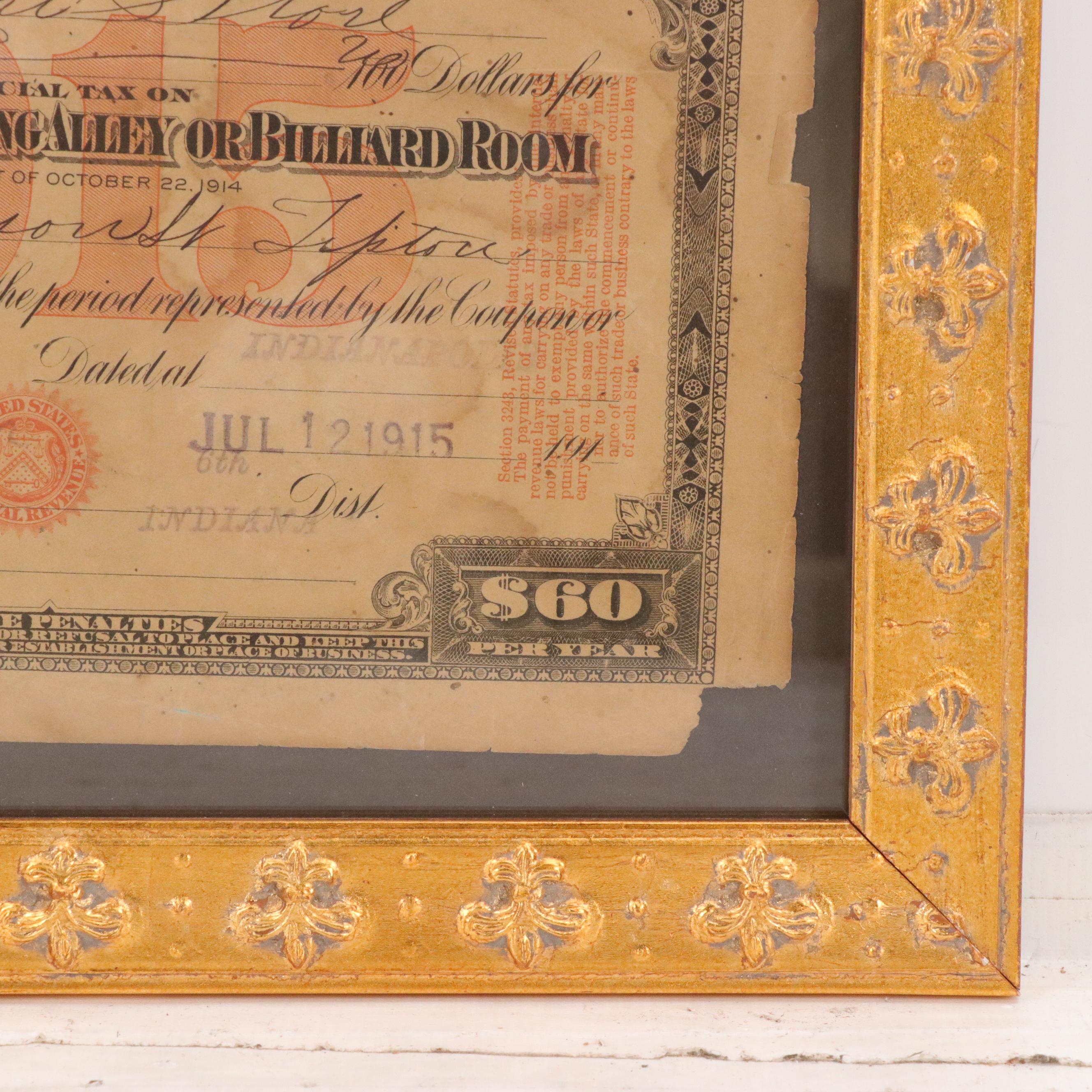 Internal Revenue Bowling Alley or Billiard Room Special Tax Stamp Document, 1916