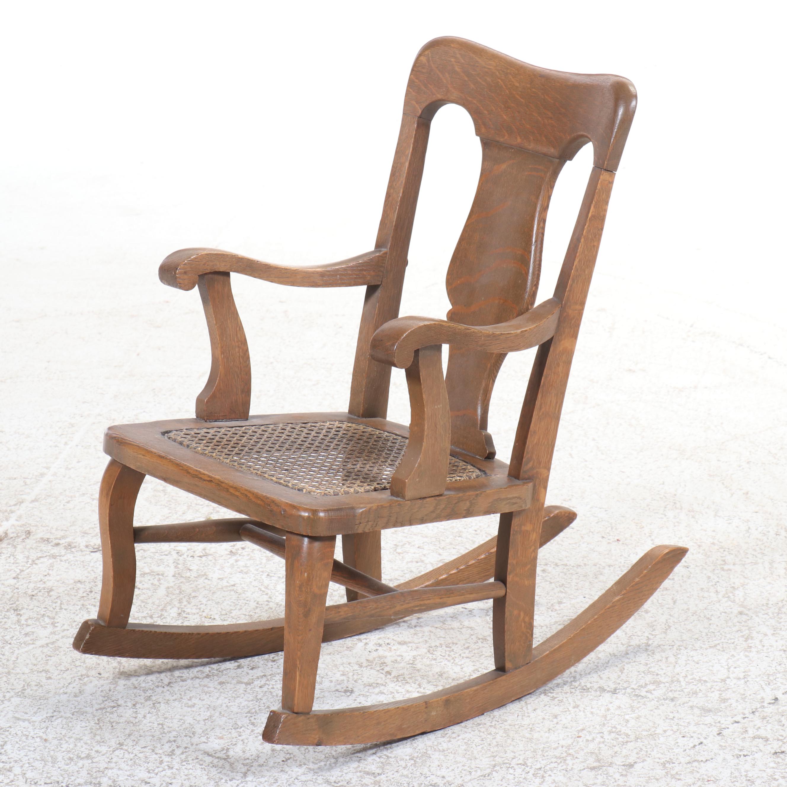 Child's Size Colonial Style Oak Rocking Chair with Rustic Style Armchair
