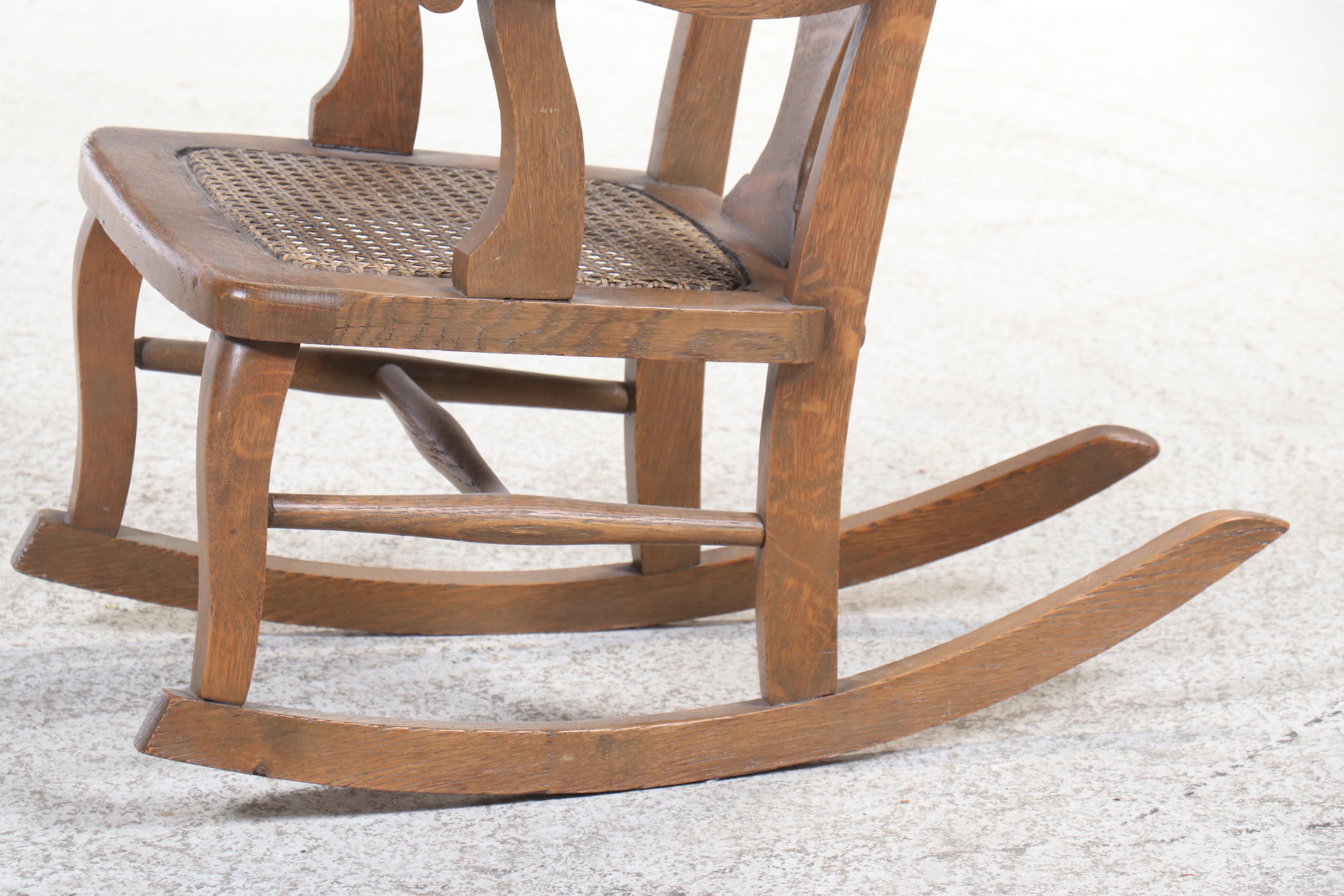 Child's Size Colonial Style Oak Rocking Chair with Rustic Style Armchair