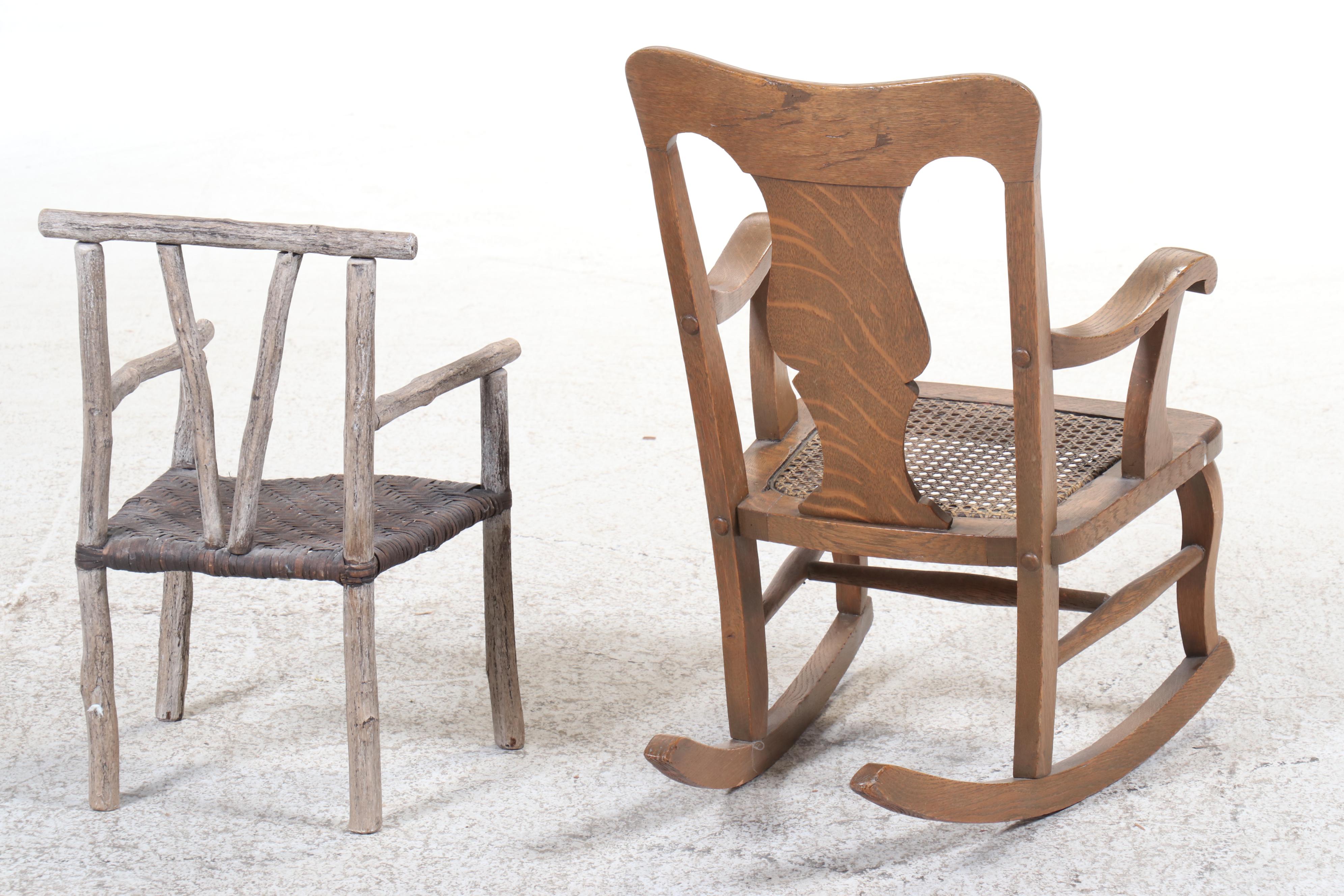 Child's Size Colonial Style Oak Rocking Chair with Rustic Style Armchair