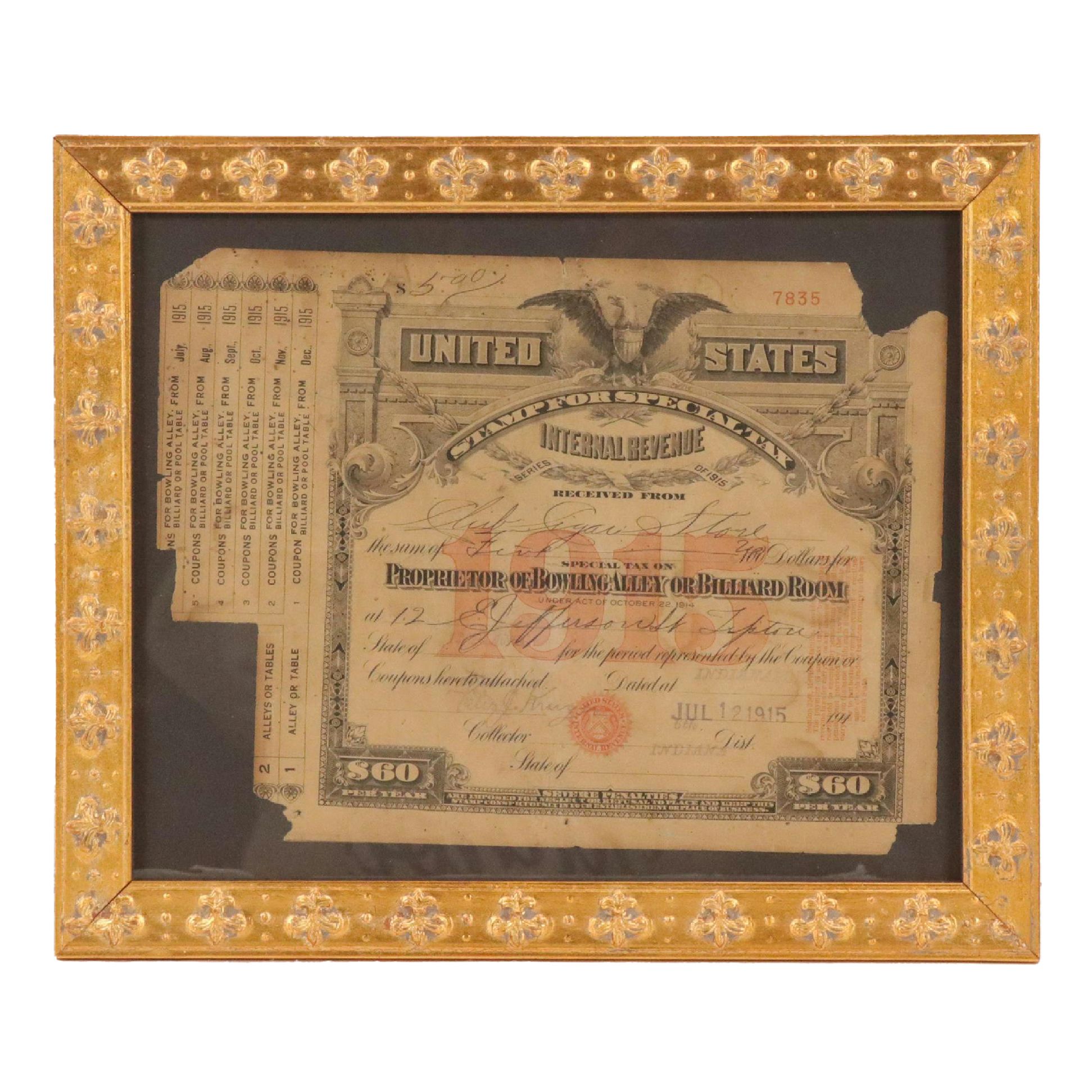 Internal Revenue Bowling Alley or Billiard Room Special Tax Stamp Document, 1916