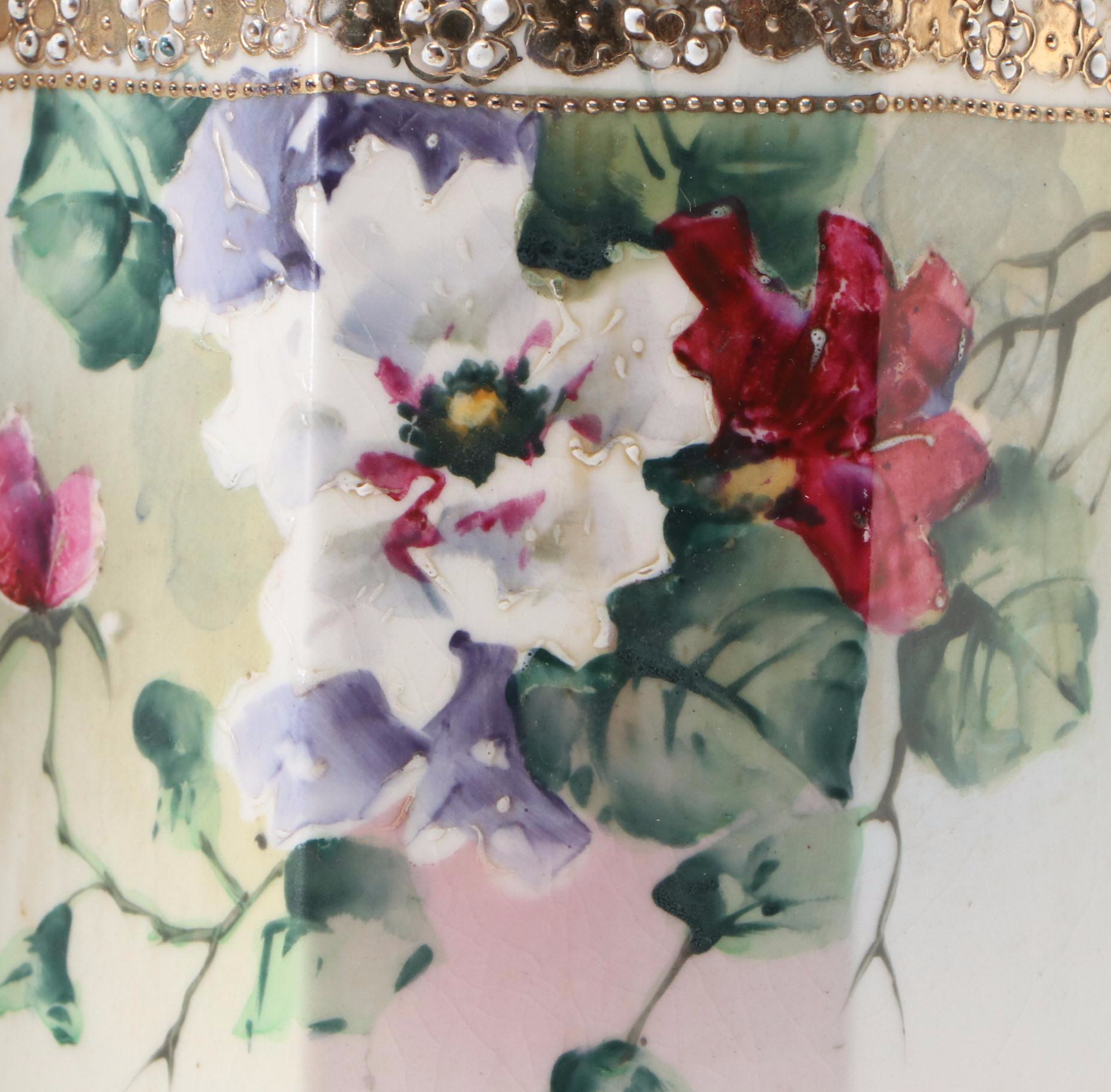 Pair of Kyoto Keramics Japanese Porcelain Hexagon Cylinder Vases