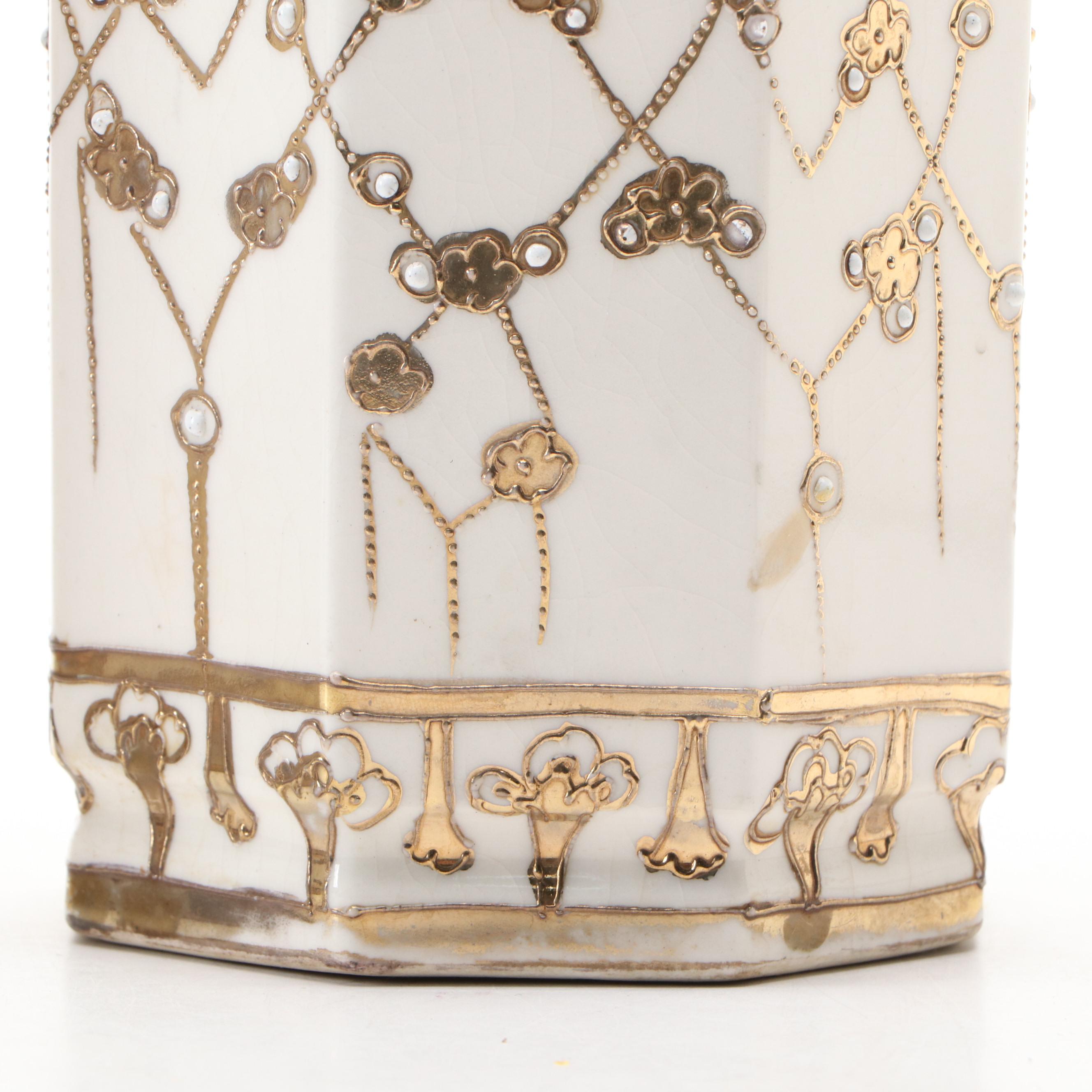 Pair of Kyoto Keramics Japanese Porcelain Hexagon Cylinder Vases