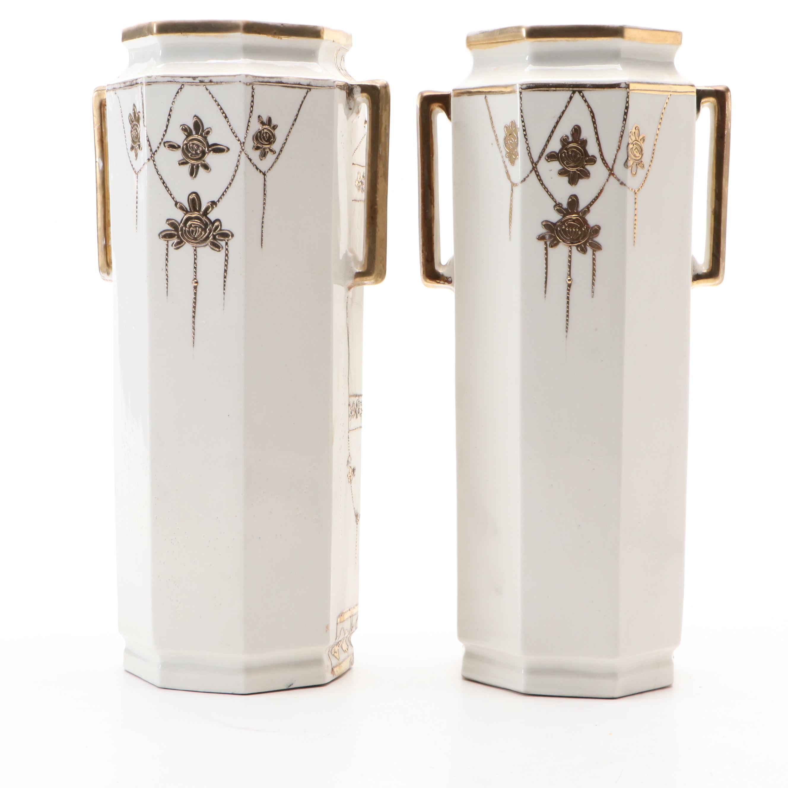 Pair of Kyoto Keramics Japanese Porcelain Hexagon Cylinder Vases