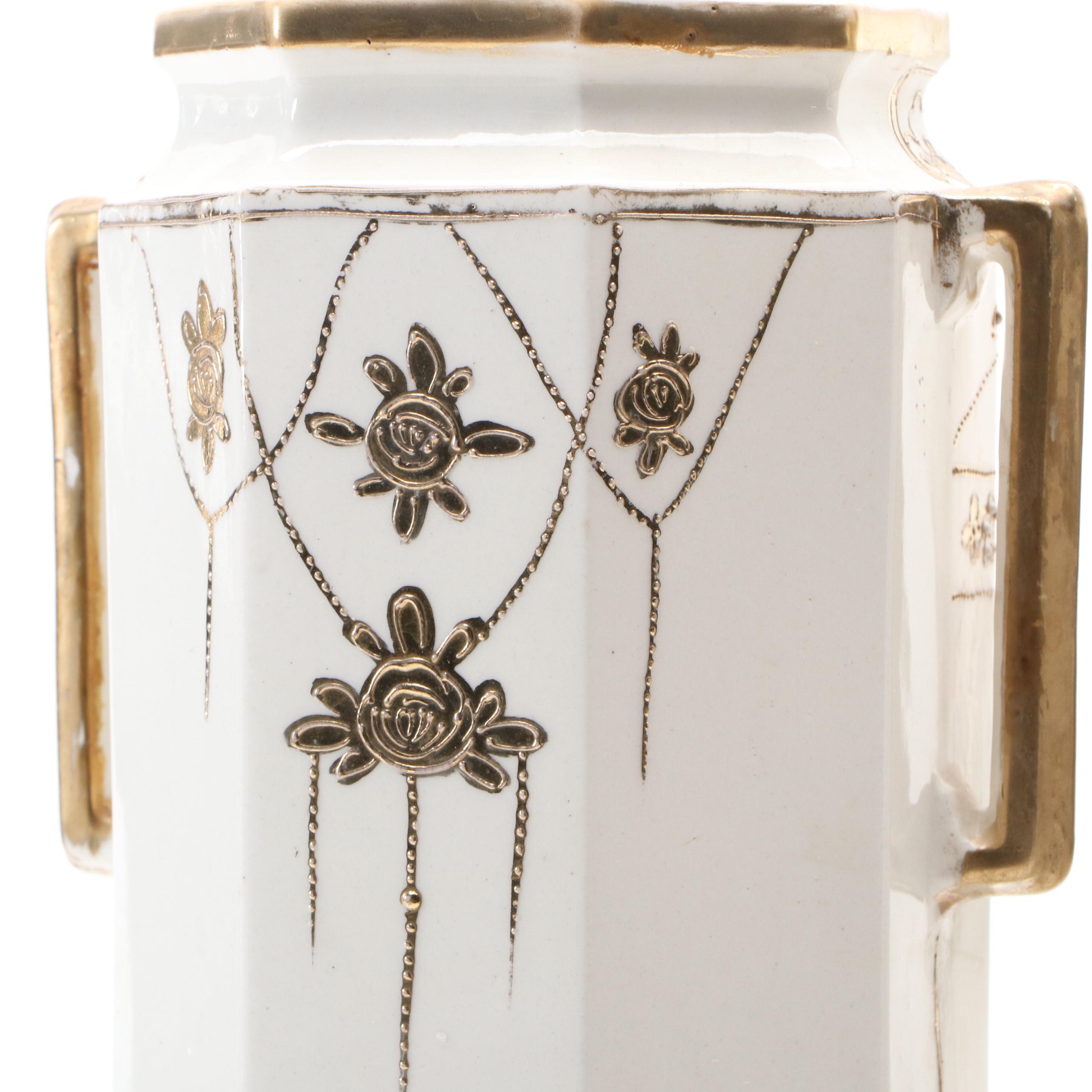 Pair of Kyoto Keramics Japanese Porcelain Hexagon Cylinder Vases