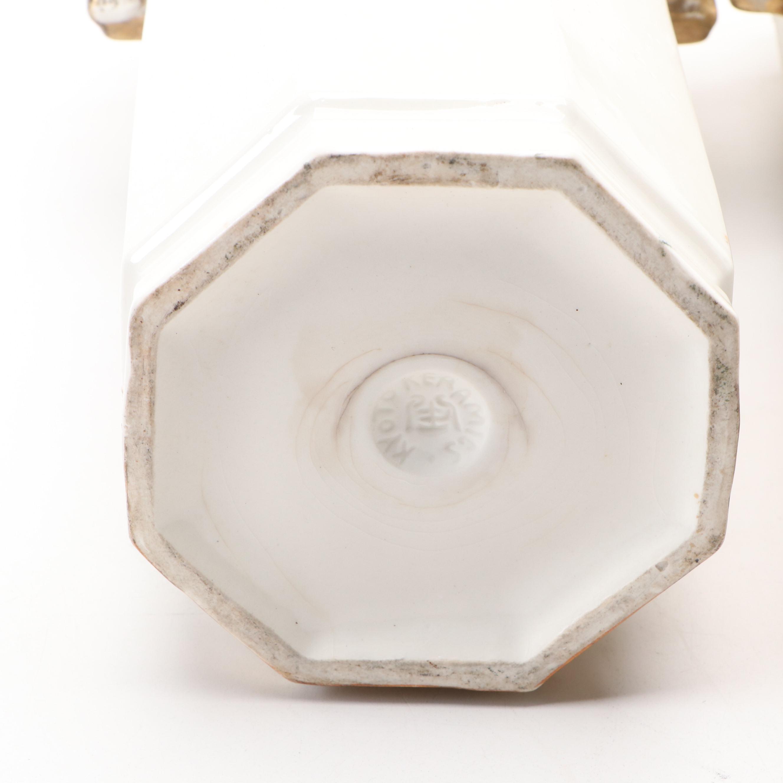 Pair of Kyoto Keramics Japanese Porcelain Hexagon Cylinder Vases