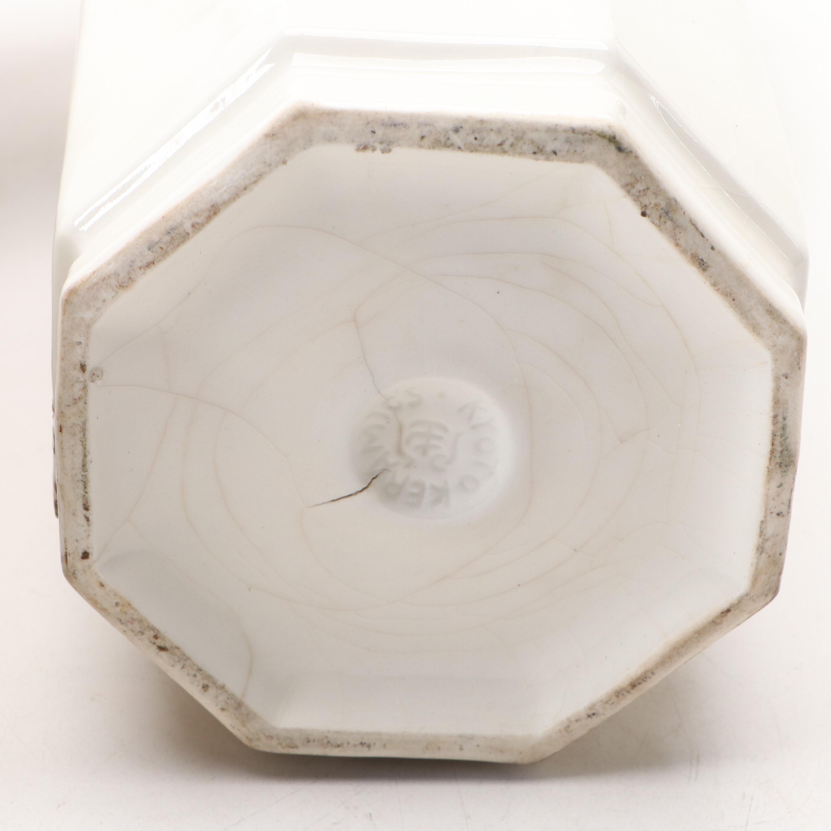 Pair of Kyoto Keramics Japanese Porcelain Hexagon Cylinder Vases