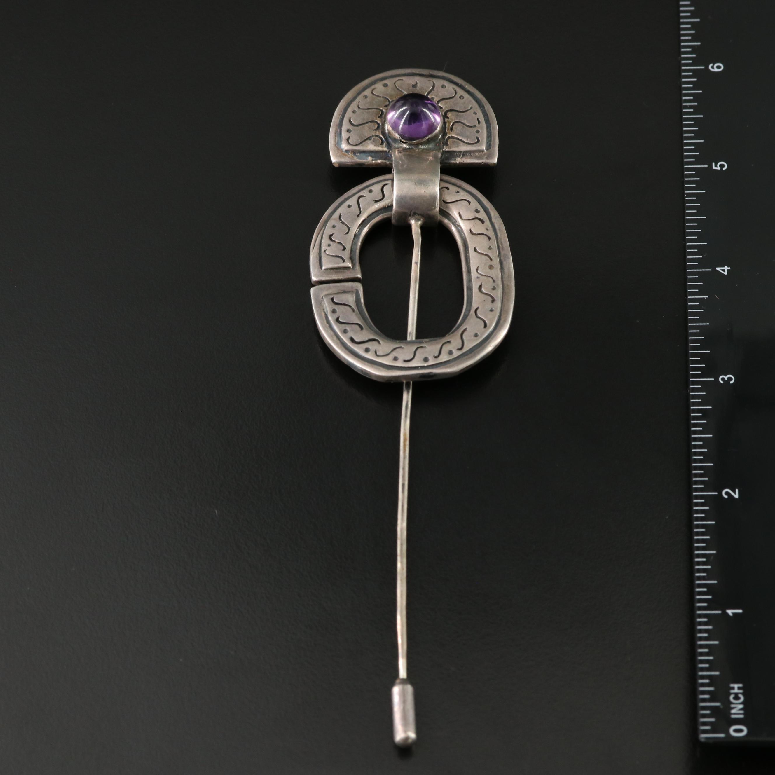 Sterling Amethyst, Glass and Marcasite Pin and Earrings