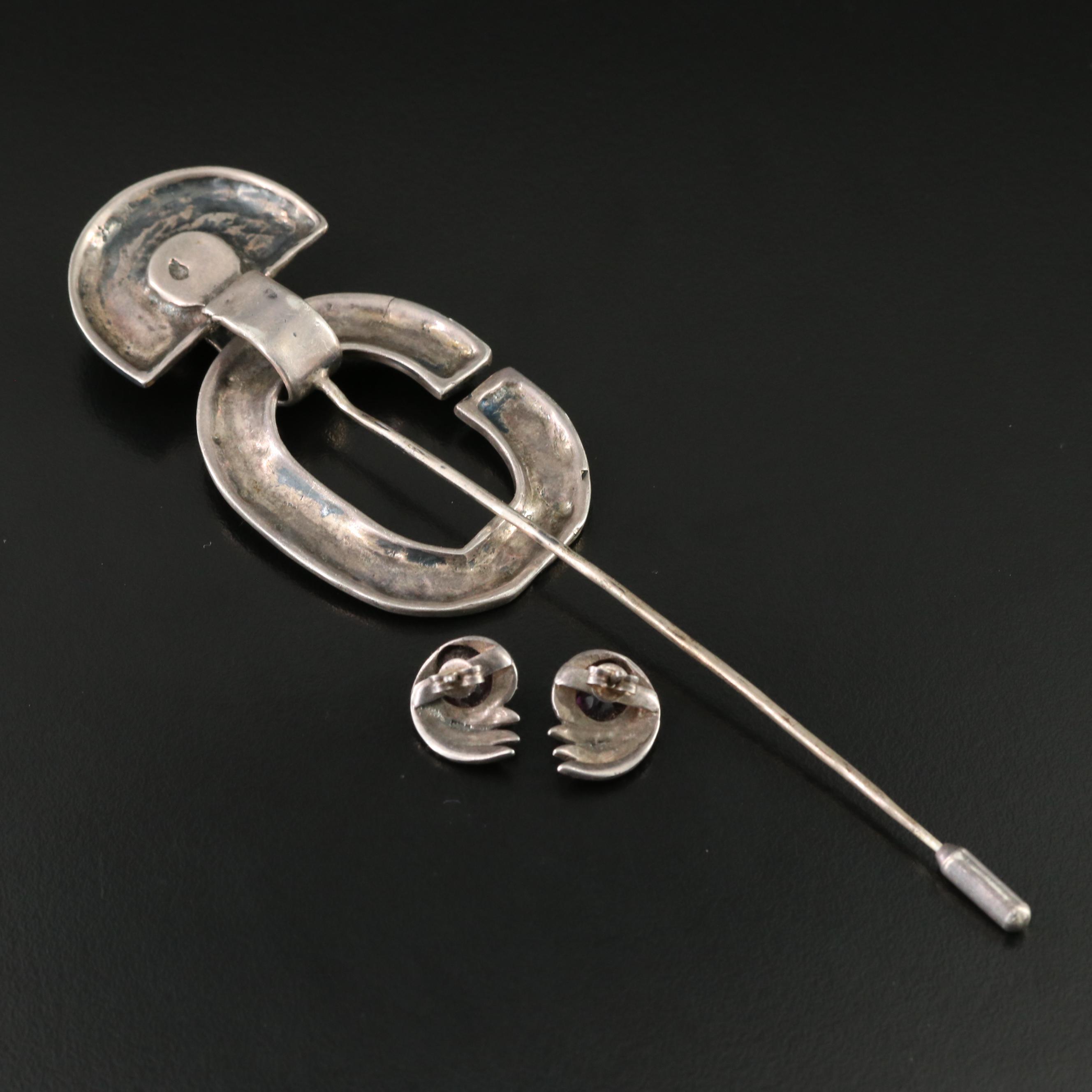 Sterling Amethyst, Glass and Marcasite Pin and Earrings