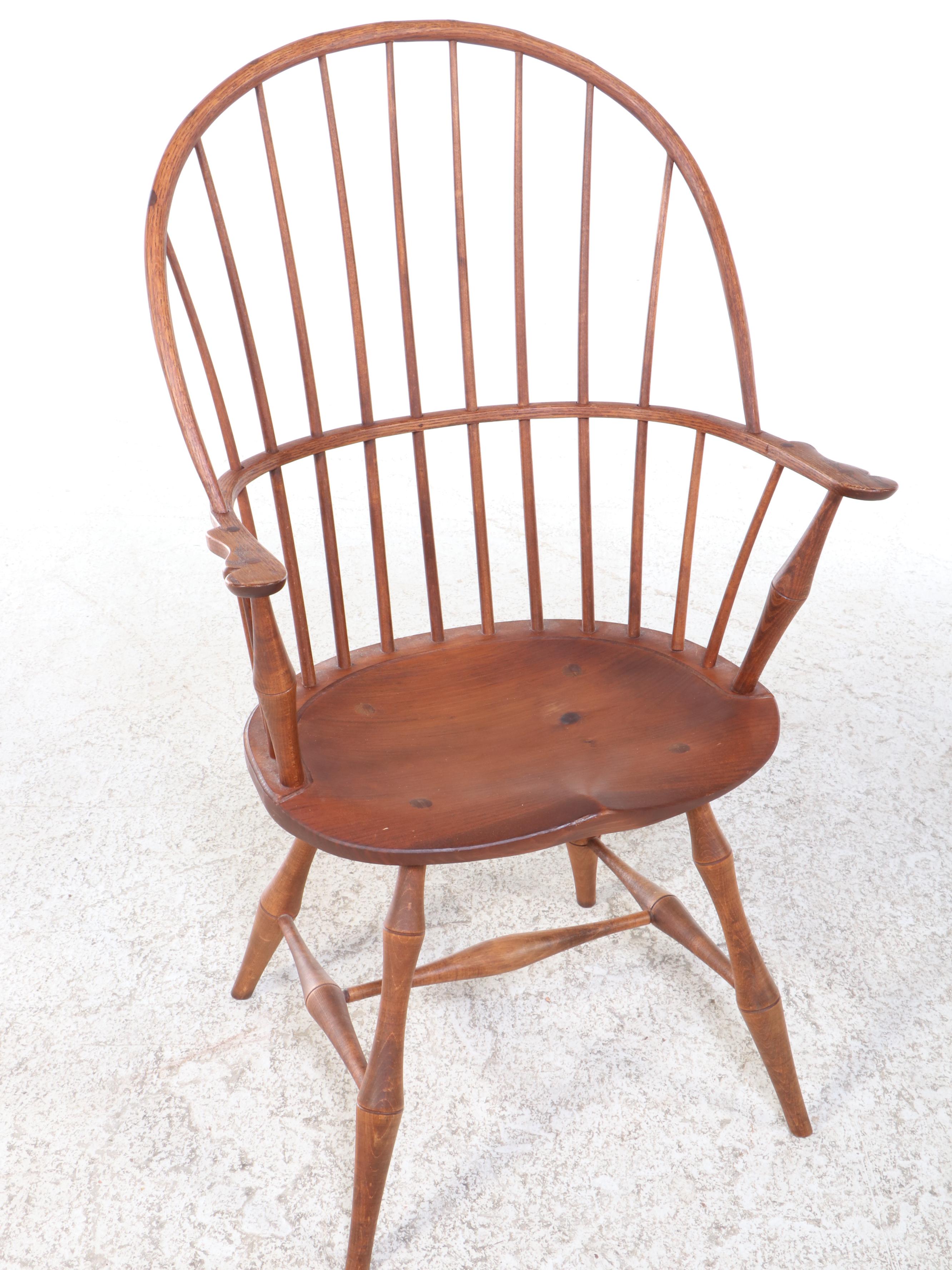 Four D.R. Dimes Colonial Style Oak, Maple, and Pine Sack-Back Windsor Armchairs