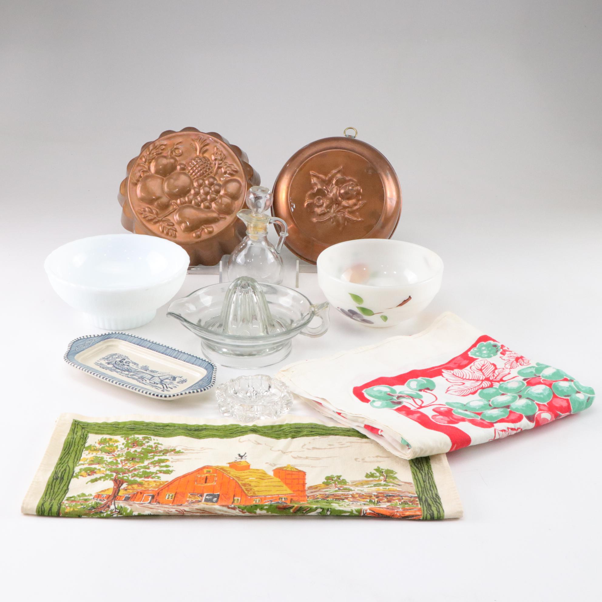 Copper Molds, Milk Glass Bowls, and Other Vintage Kitchen Items
