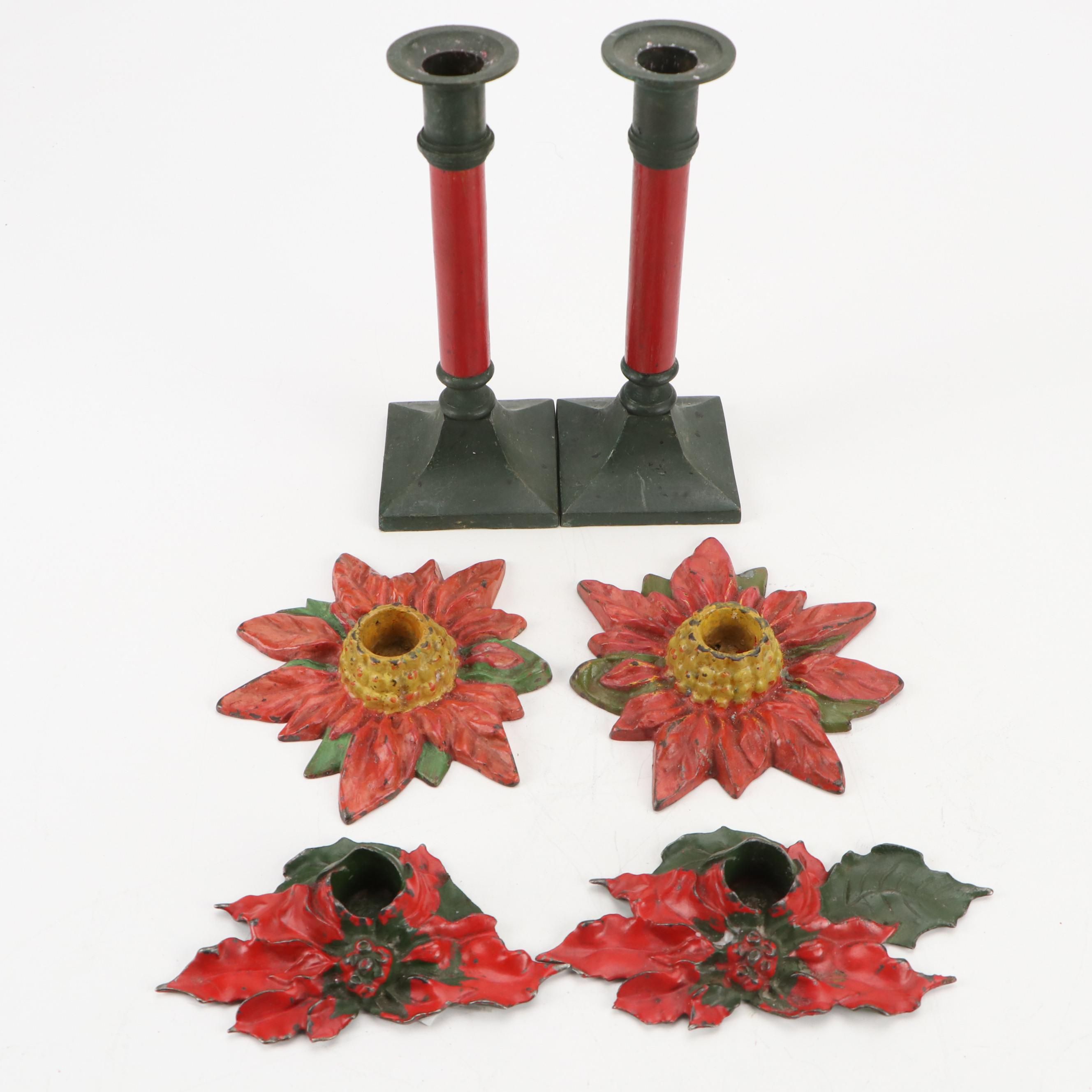 Painted Cast Iron Poinsettia and Other Holiday Candlesticks
