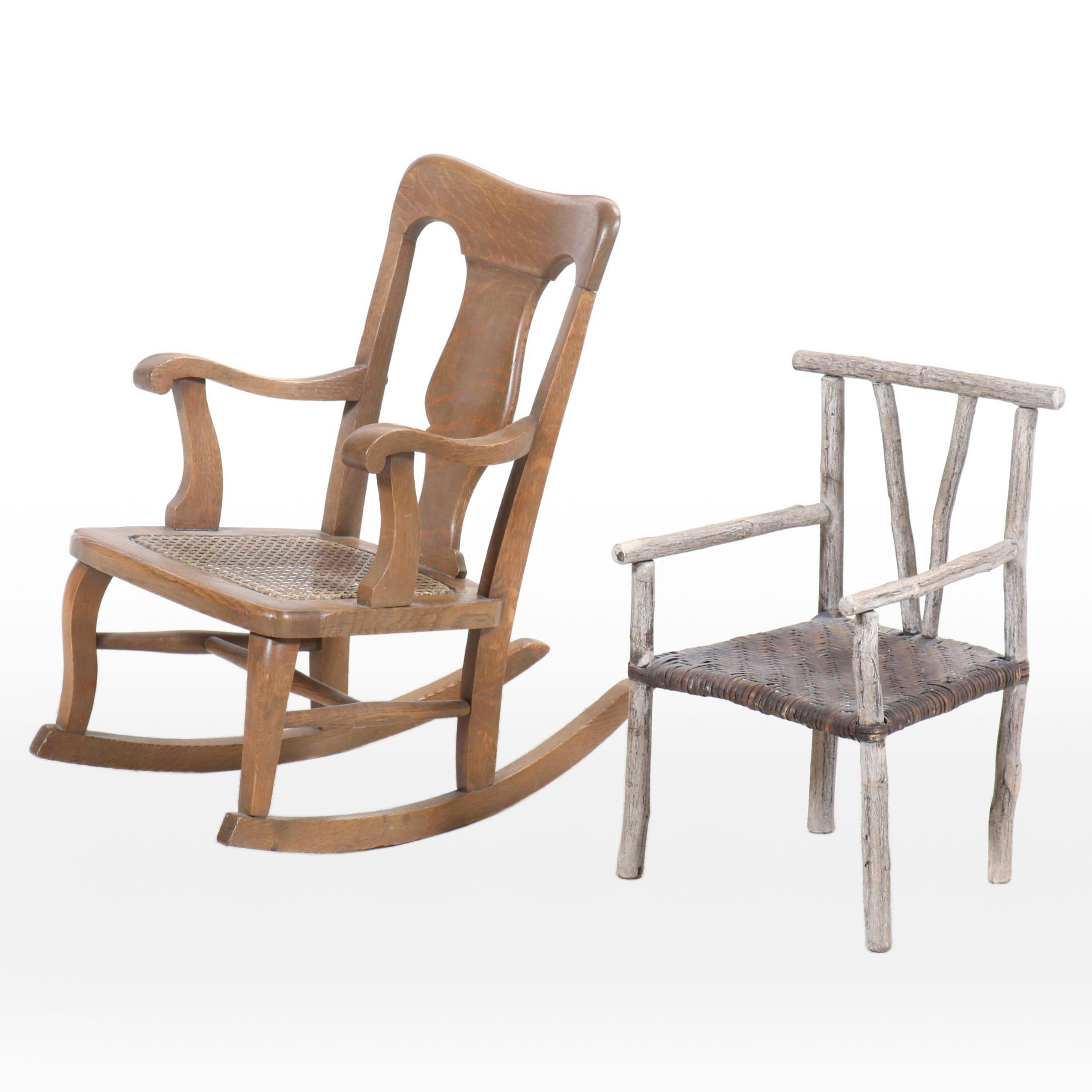 Child's Size Colonial Style Oak Rocking Chair with Rustic Style Armchair