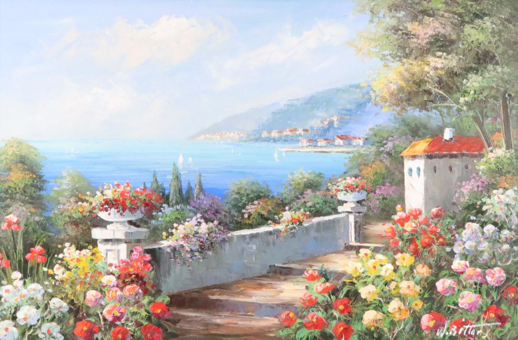 W. Bittar Coastal Oil Painting with Floral Garden, Late 20th / 21st Century