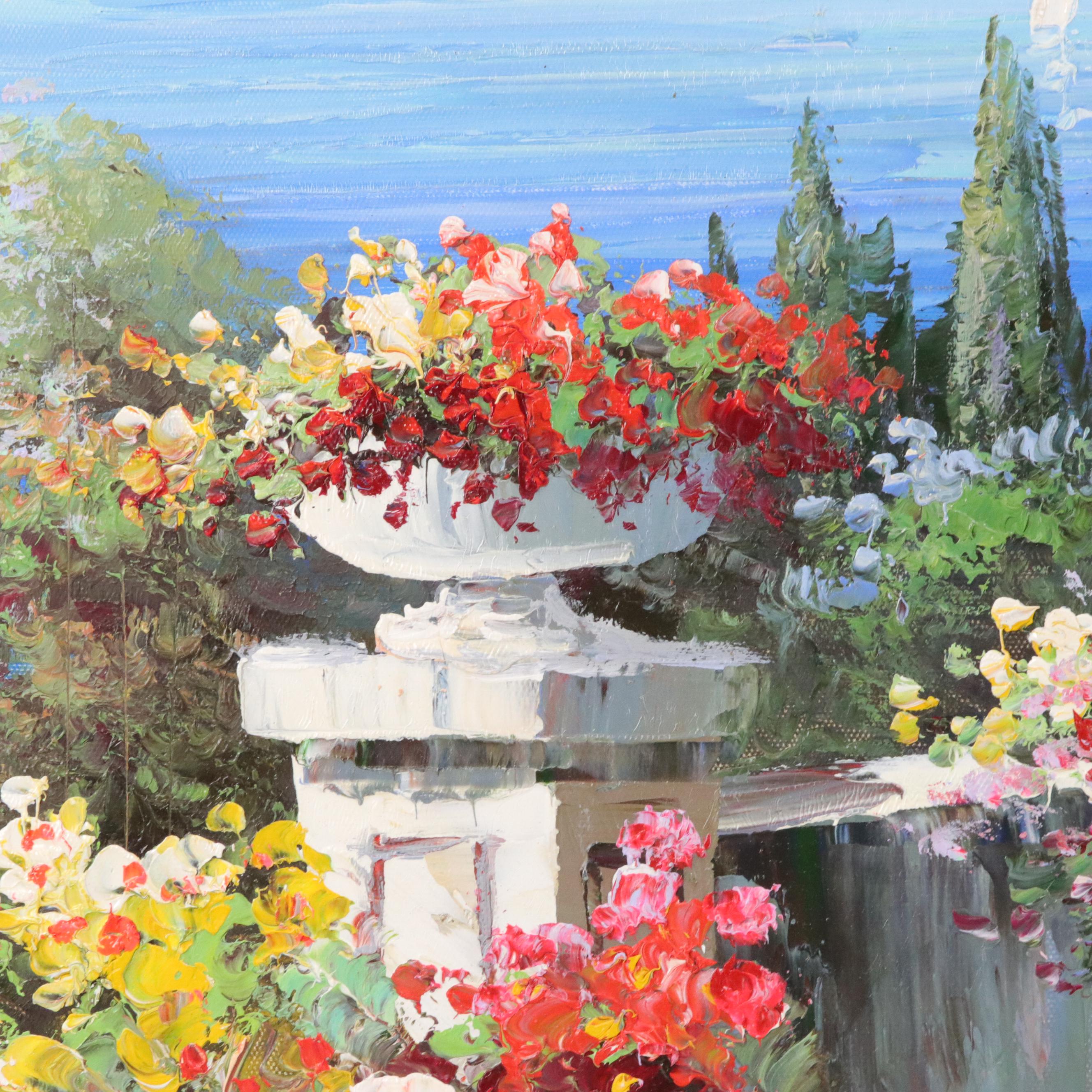 W. Bittar Coastal Oil Painting with Floral Garden, Late 20th / 21st Century