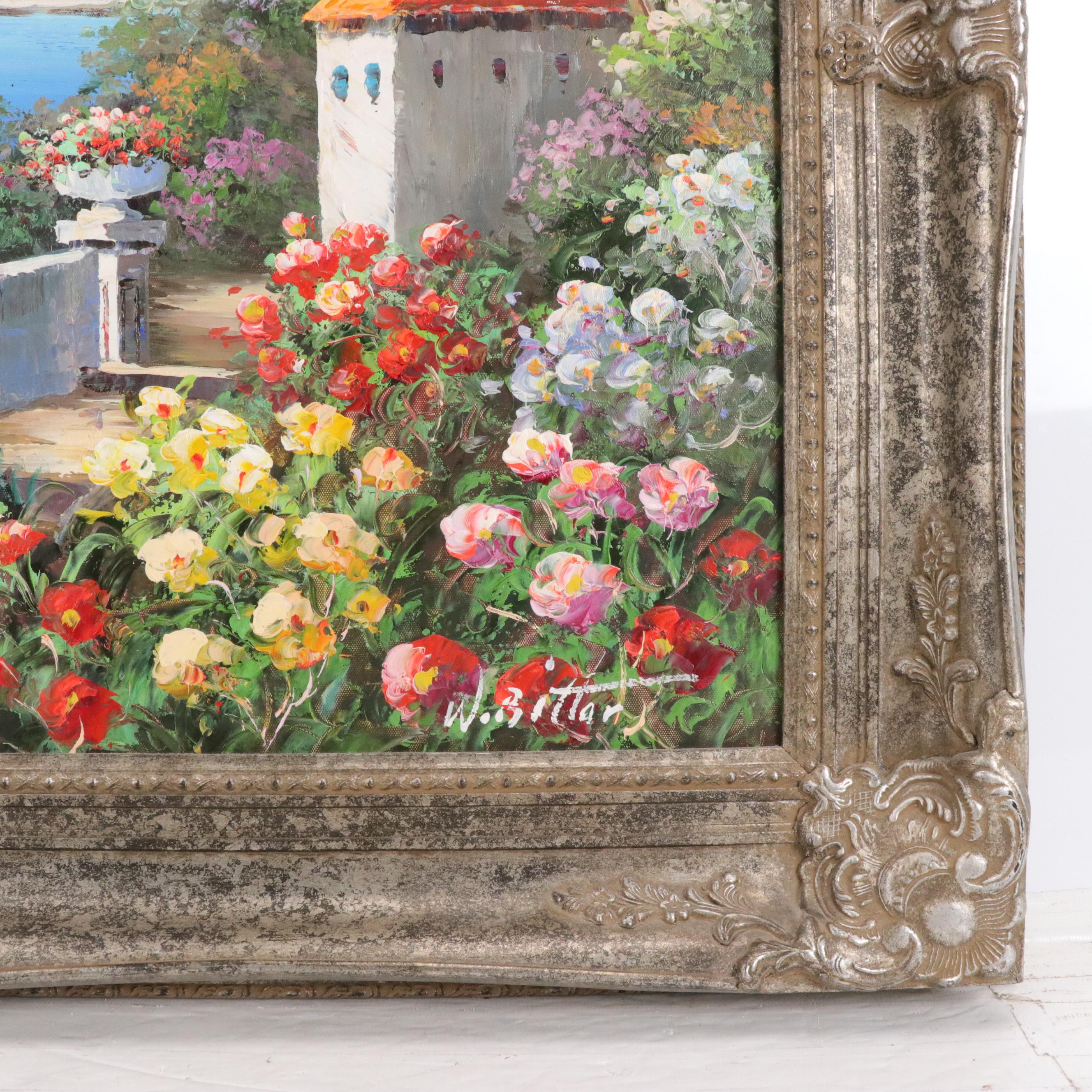 W. Bittar Coastal Oil Painting with Floral Garden, Late 20th / 21st Century