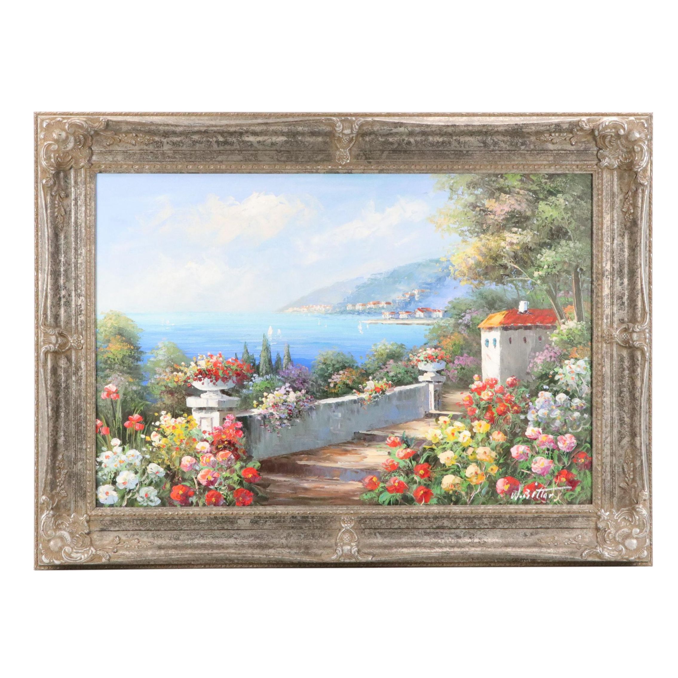 W. Bittar Coastal Oil Painting with Floral Garden, Late 20th / 21st Century