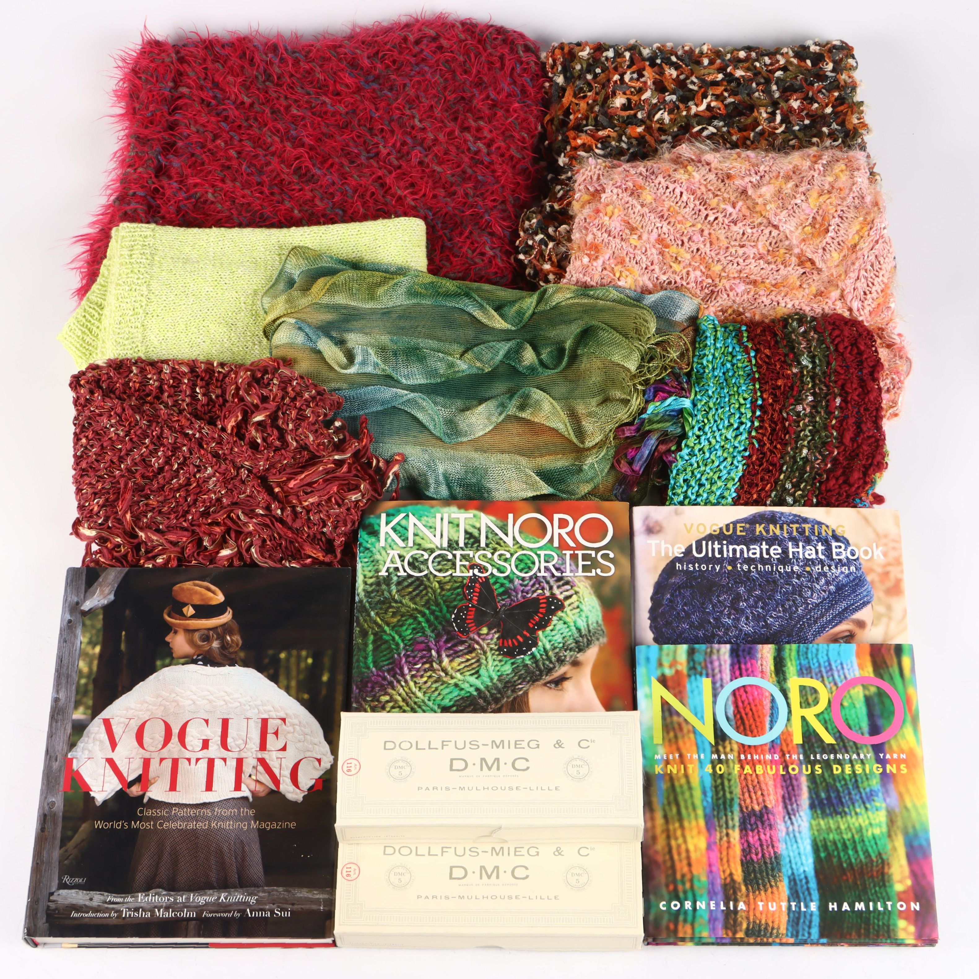 "Vogue Knitting" and "Knit Noro" Books with Knitting Samples and Threads