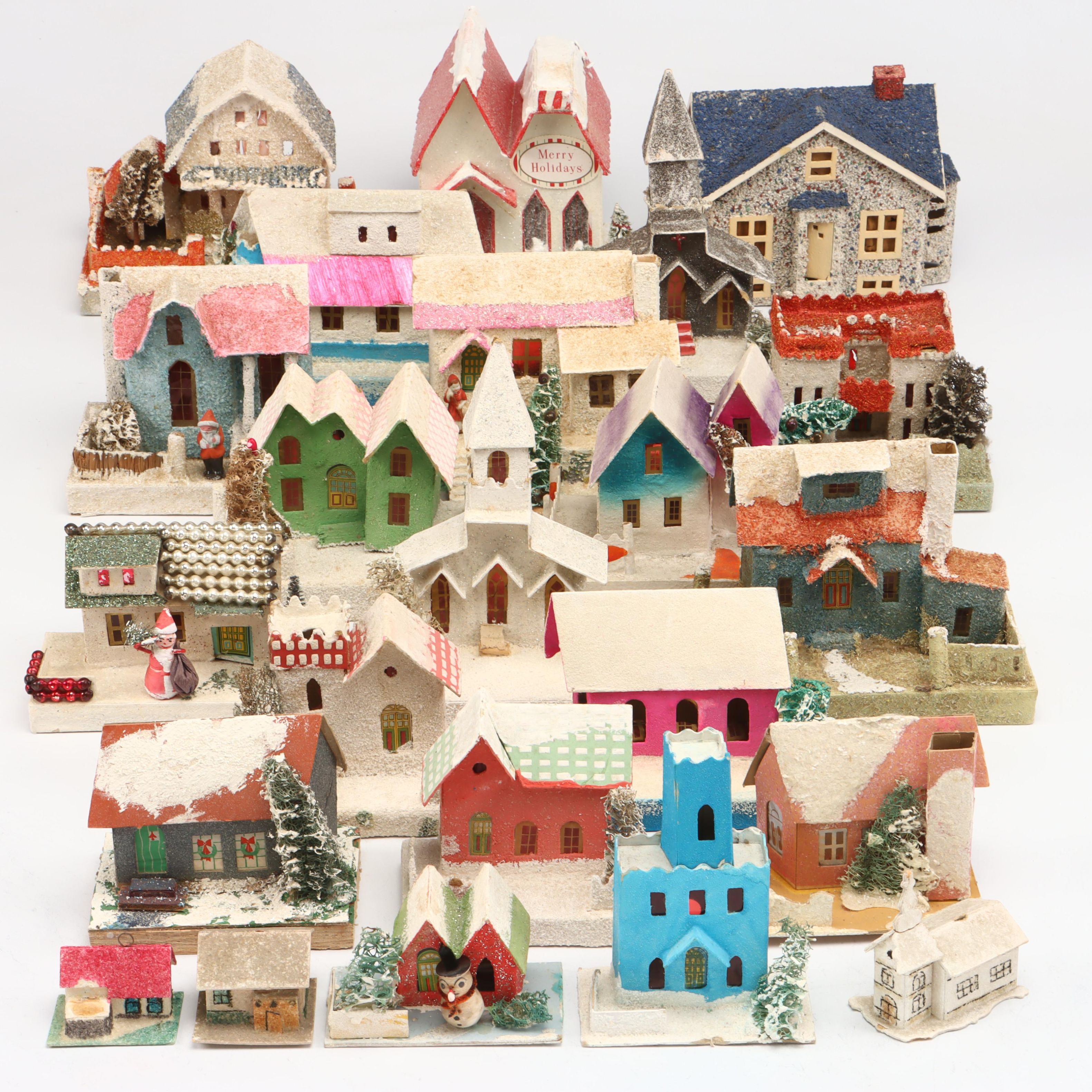 Japanese and Other Mica Cardboard Christmas Putz Houses, Mid-20th Century