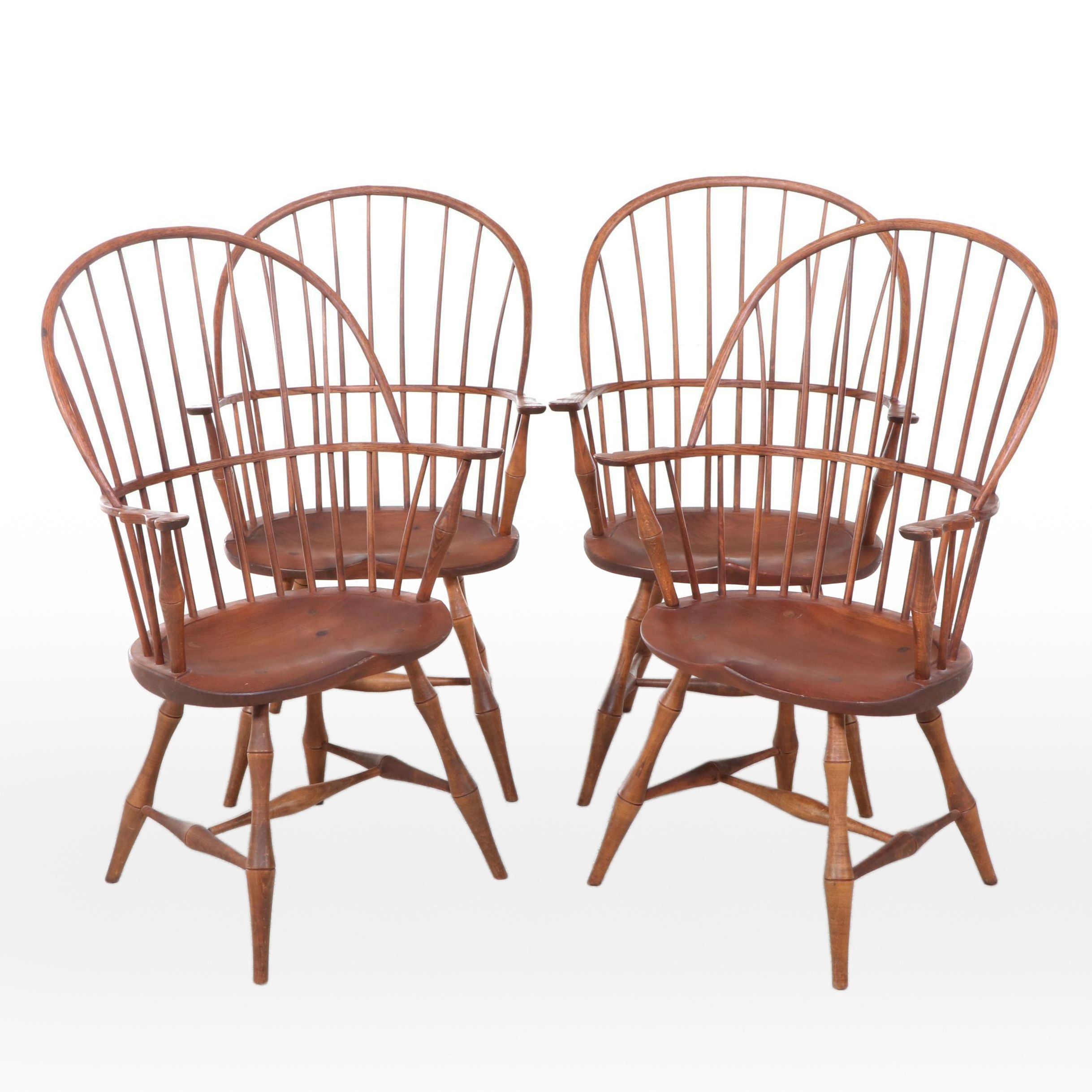 Four D.R. Dimes Colonial Style Oak, Maple, and Pine Sack-Back Windsor Armchairs