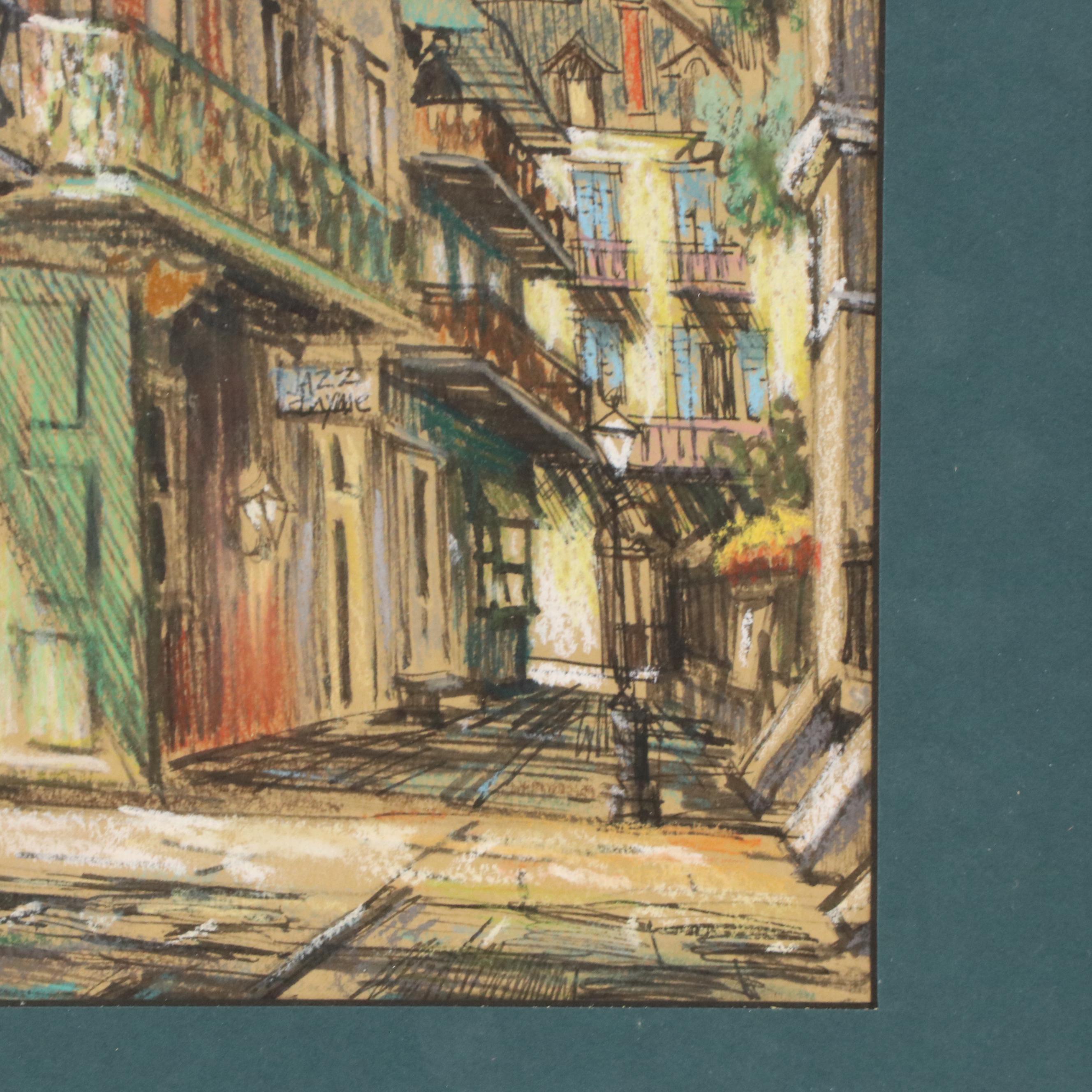 Lee Tucker Ink and Pastel Drawing of New Orleans Street Scene