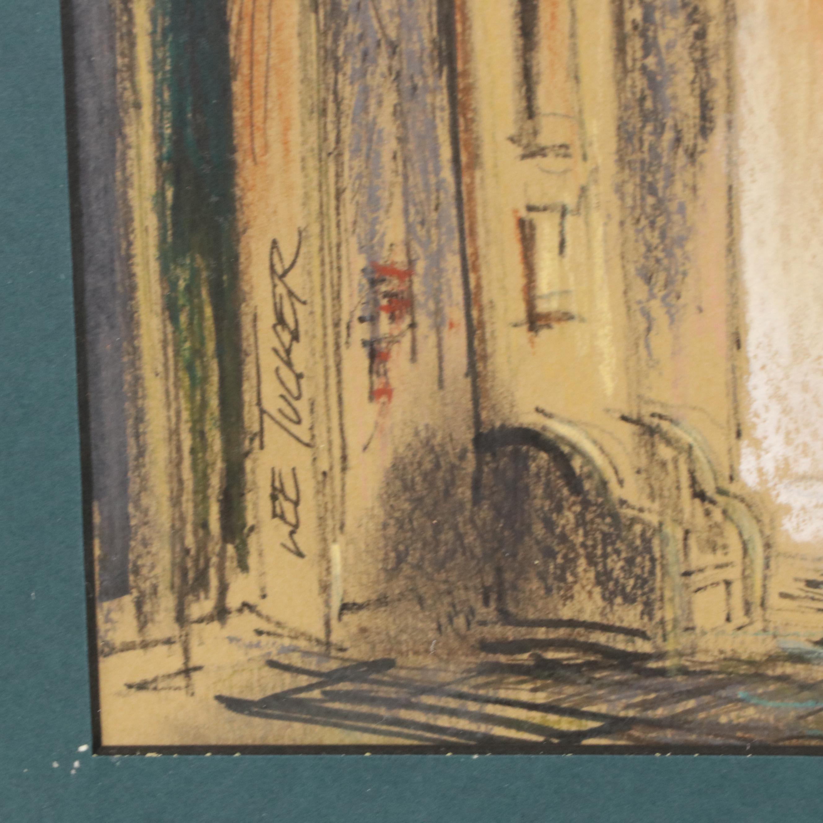 Lee Tucker Ink and Pastel Drawing of New Orleans Street Scene