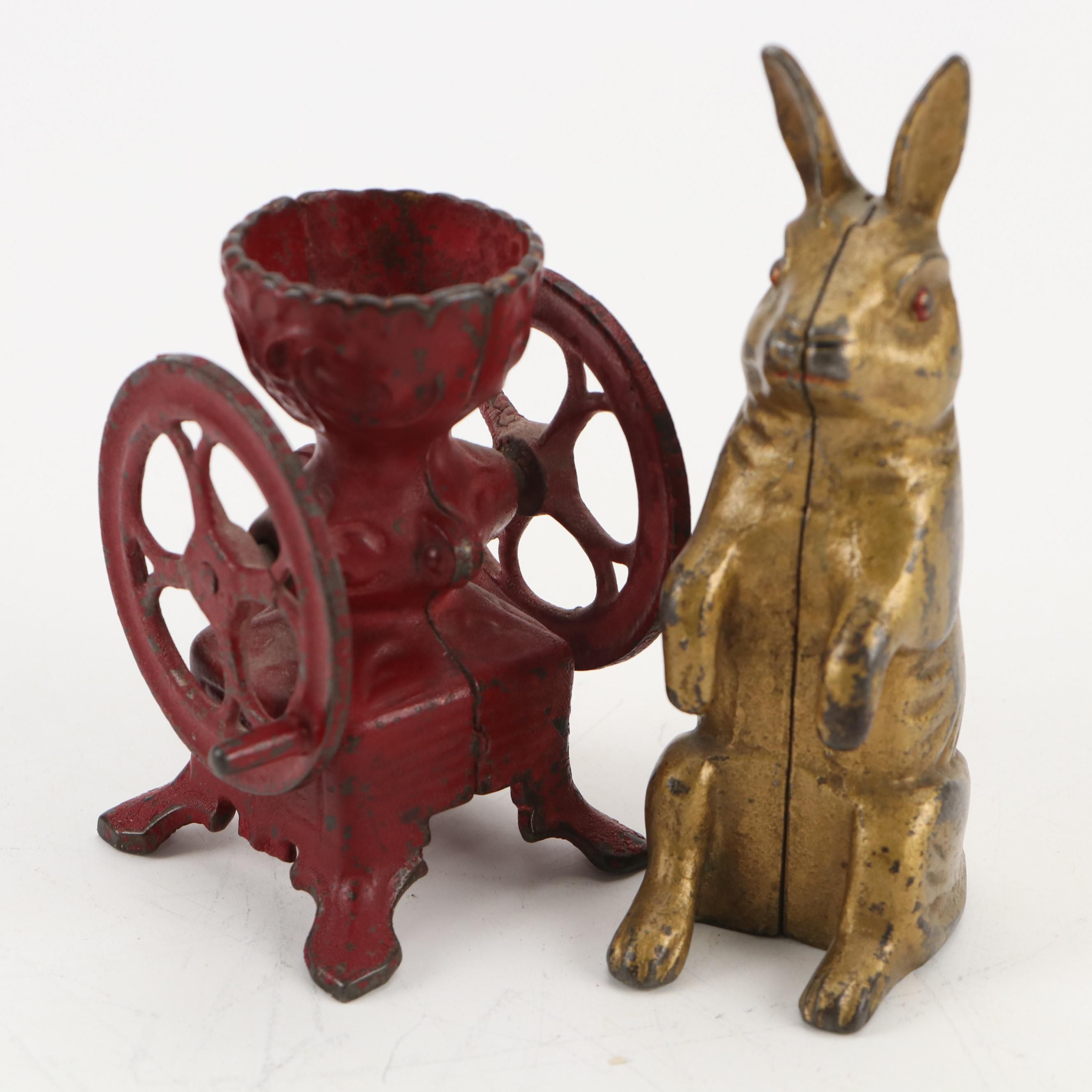 Painted Cast Iron Rabbit and Coffee Grinder Figurines or Still Banks