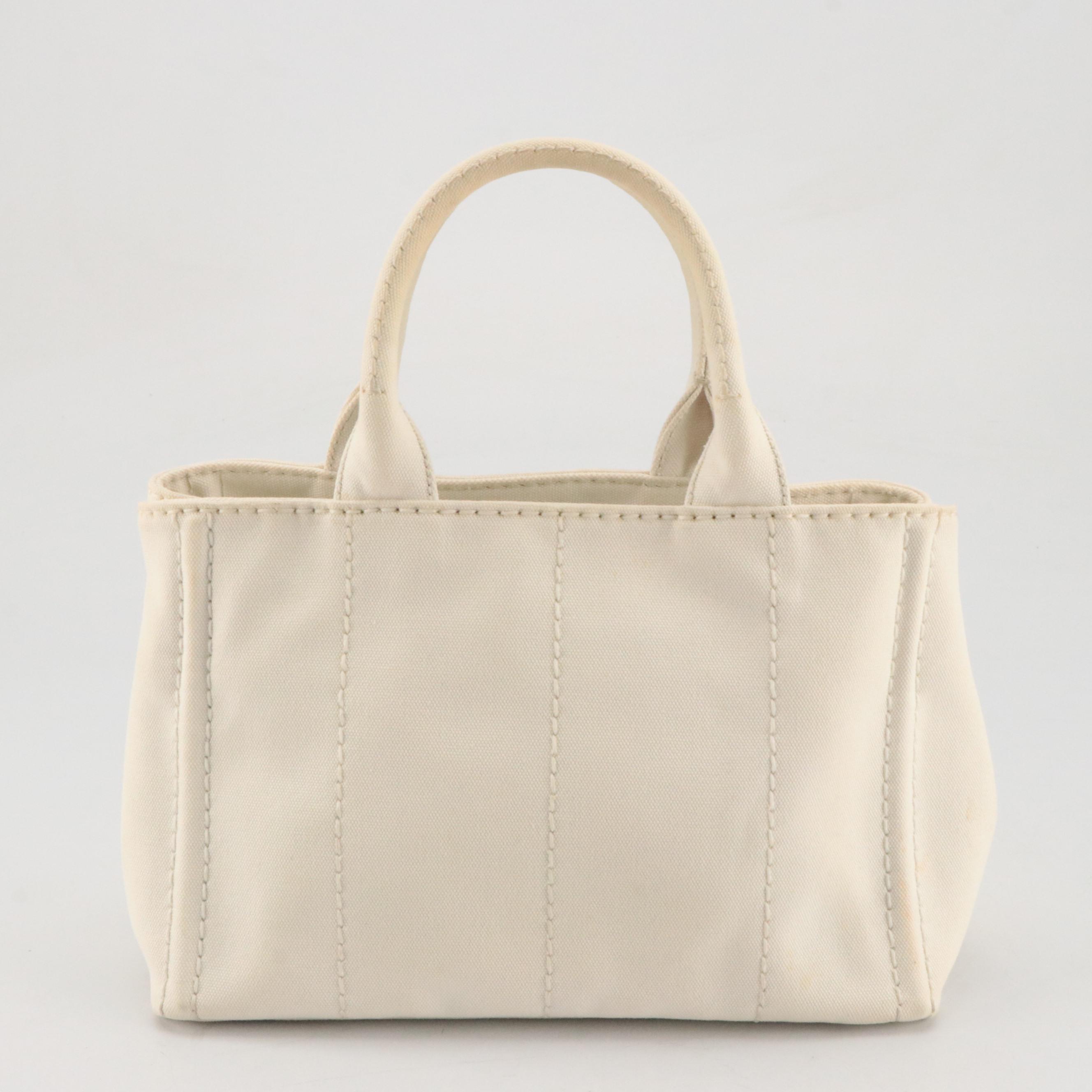 Prada Small Tote in Logo Print Canapa Canvas