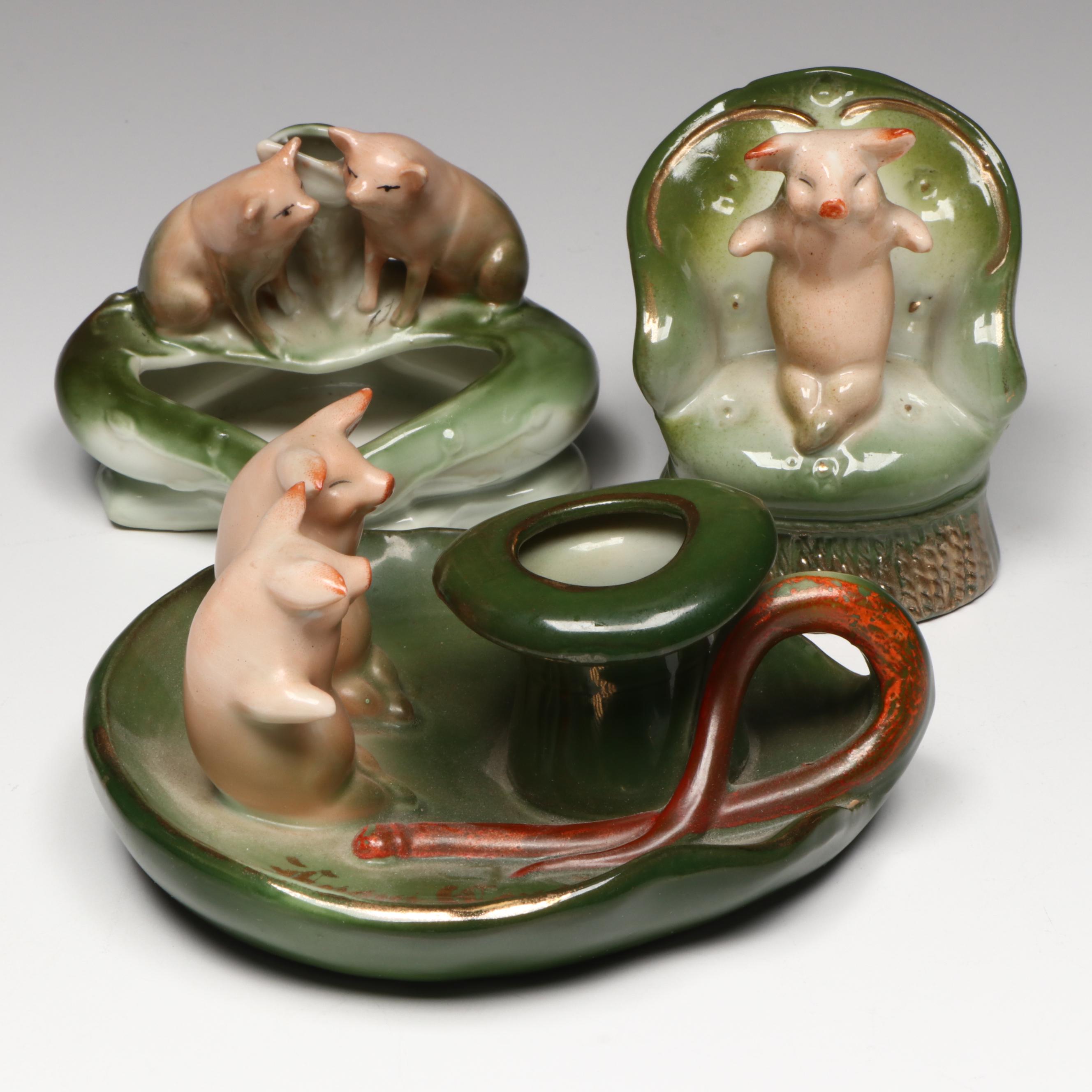 German Porcelain Fairing Pig Candle Holder, Dish and Figurine, Early 20th C.