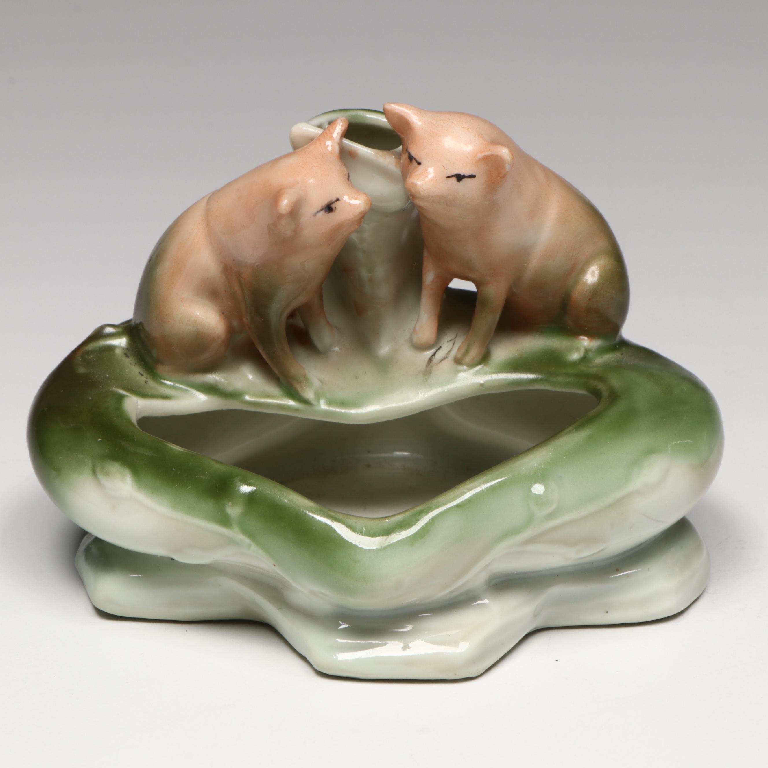 German Porcelain Fairing Pig Candle Holder, Dish and Figurine, Early 20th C.