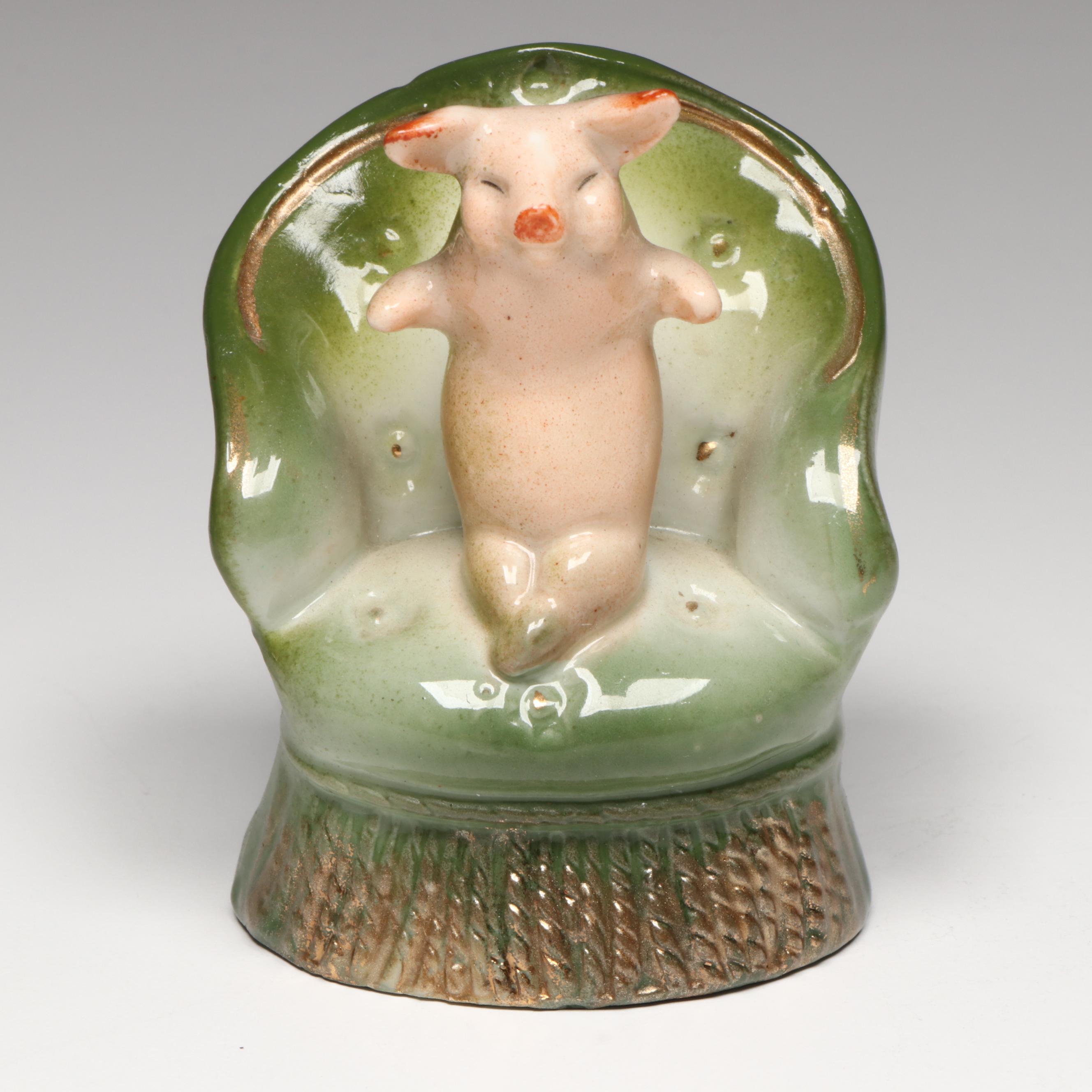 German Porcelain Fairing Pig Candle Holder, Dish and Figurine, Early 20th C.