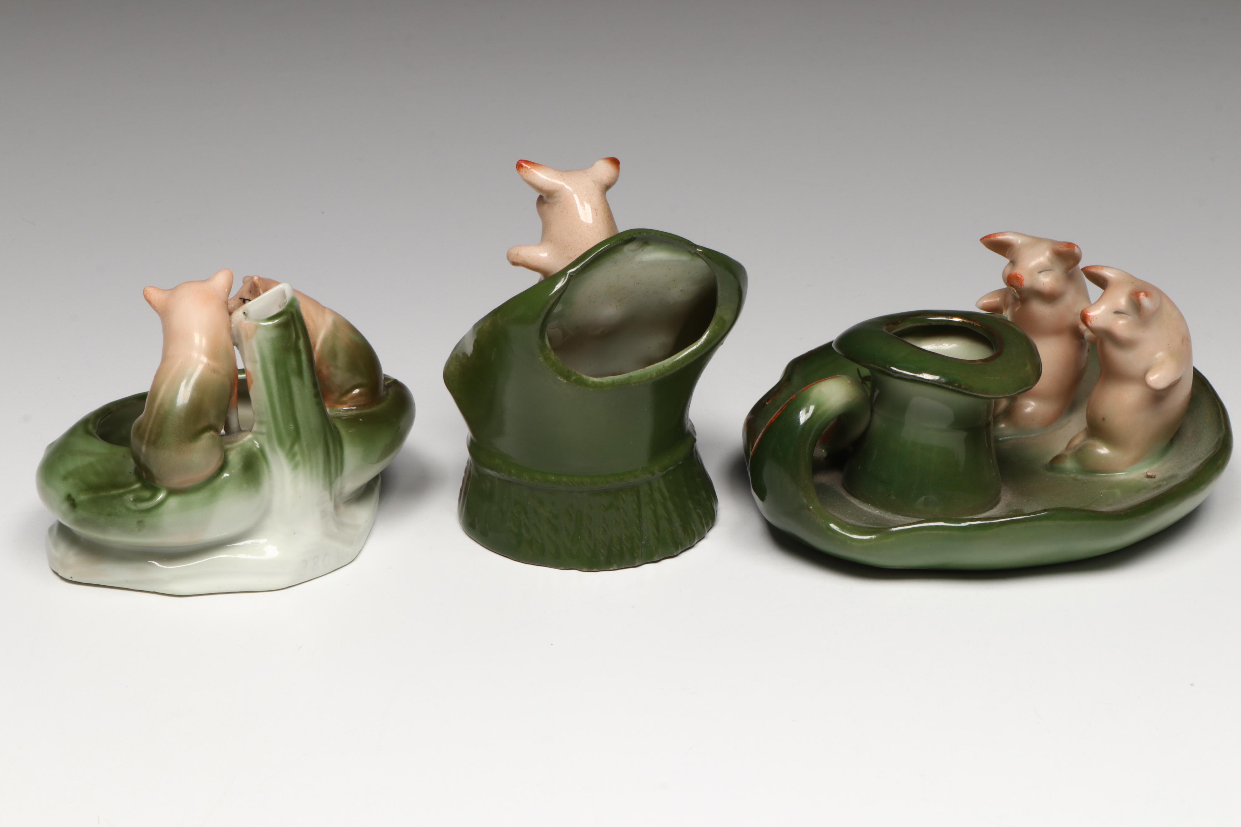 German Porcelain Fairing Pig Candle Holder, Dish and Figurine, Early 20th C.