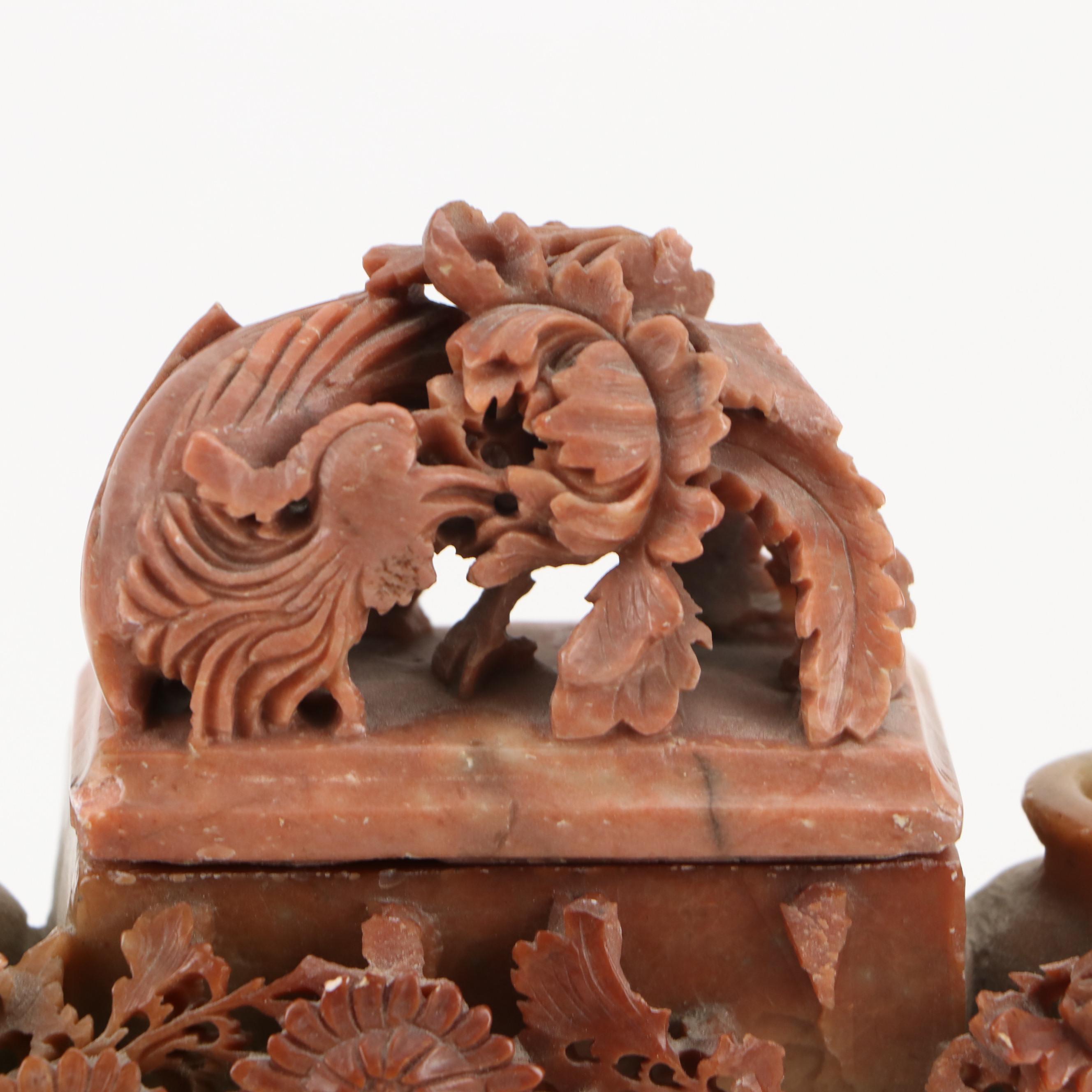 Chinese Hand-Carved Soapstone Phoenix and Chrysanthemum Double Vase & Box