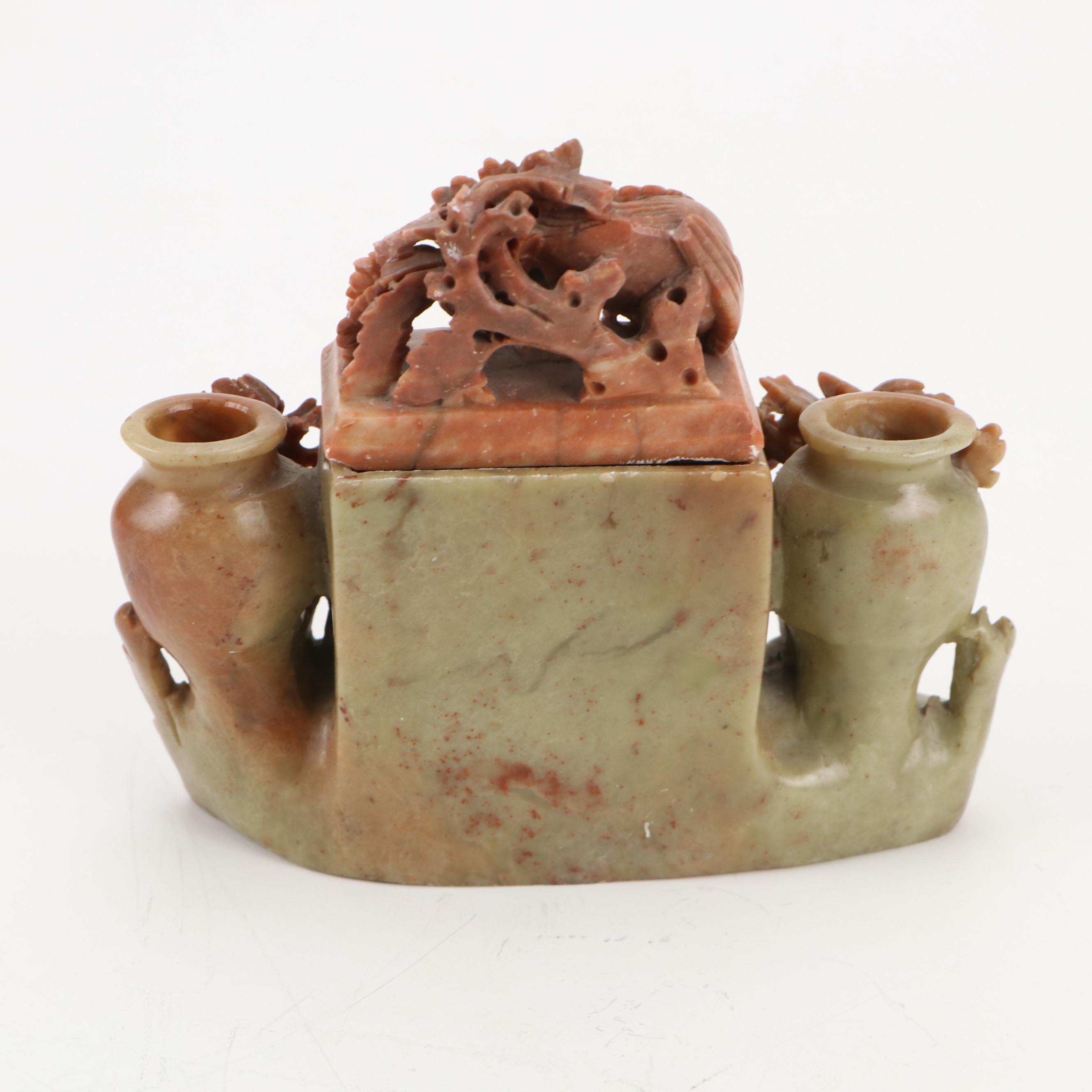 Chinese Hand-Carved Soapstone Phoenix and Chrysanthemum Double Vase & Box