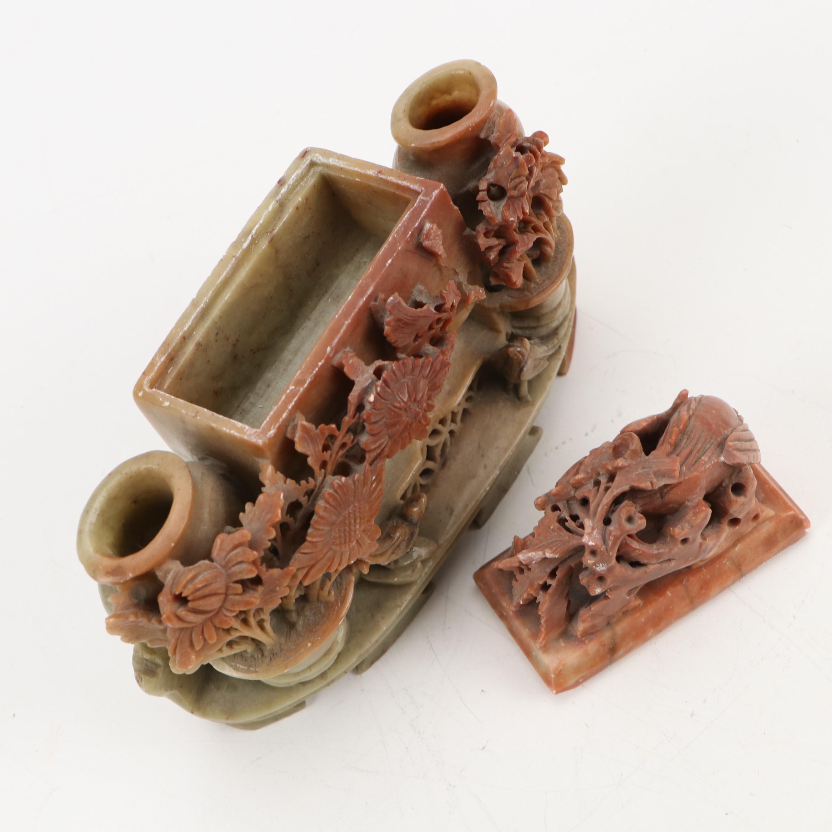 Chinese Hand-Carved Soapstone Phoenix and Chrysanthemum Double Vase & Box