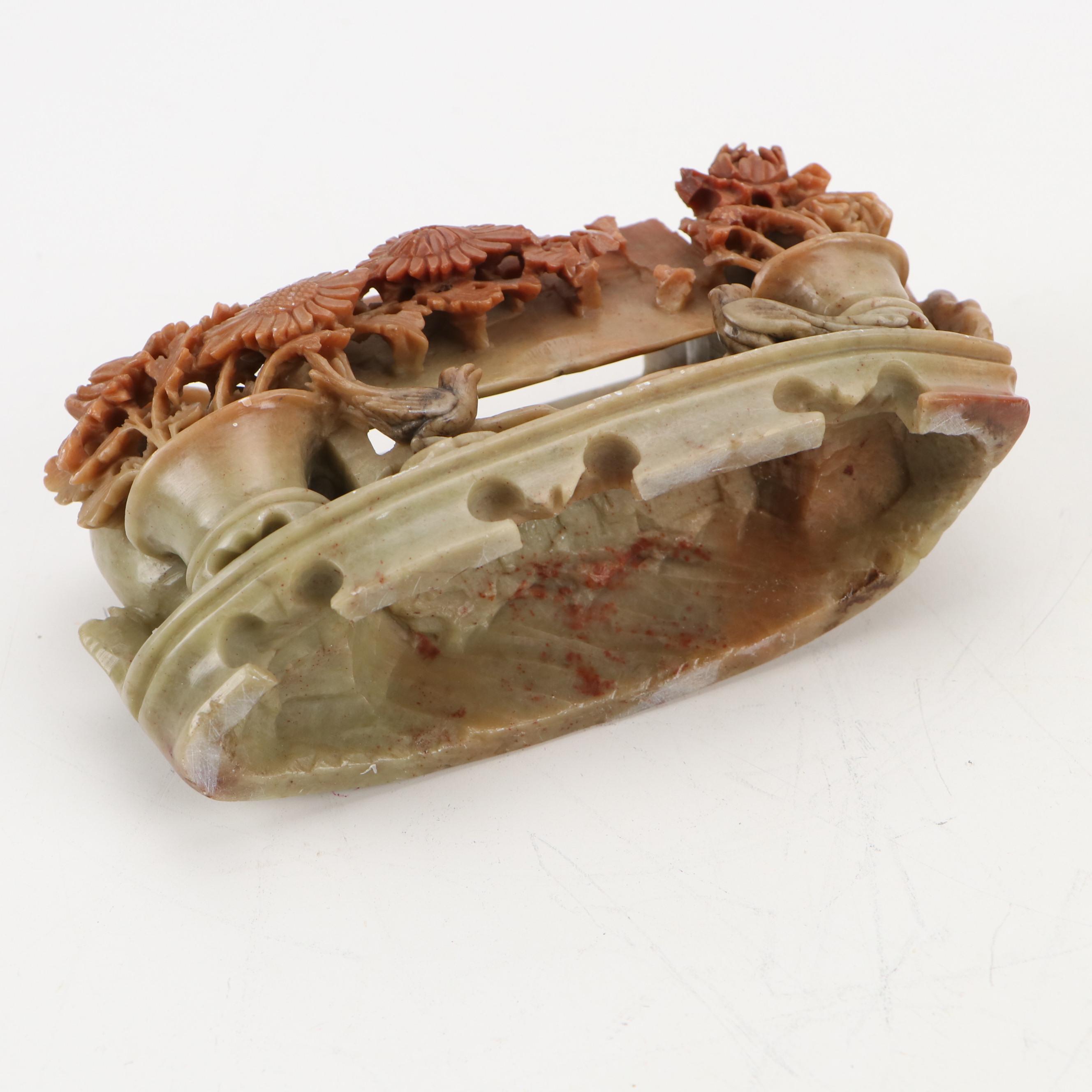 Chinese Hand-Carved Soapstone Phoenix and Chrysanthemum Double Vase & Box