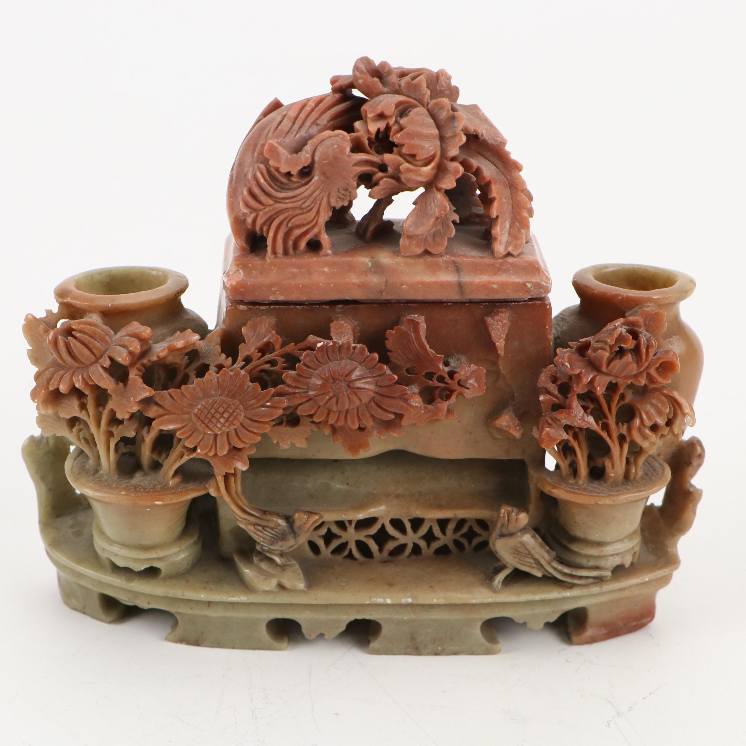 Chinese Hand-Carved Soapstone Phoenix and Chrysanthemum Double Vase & Box
