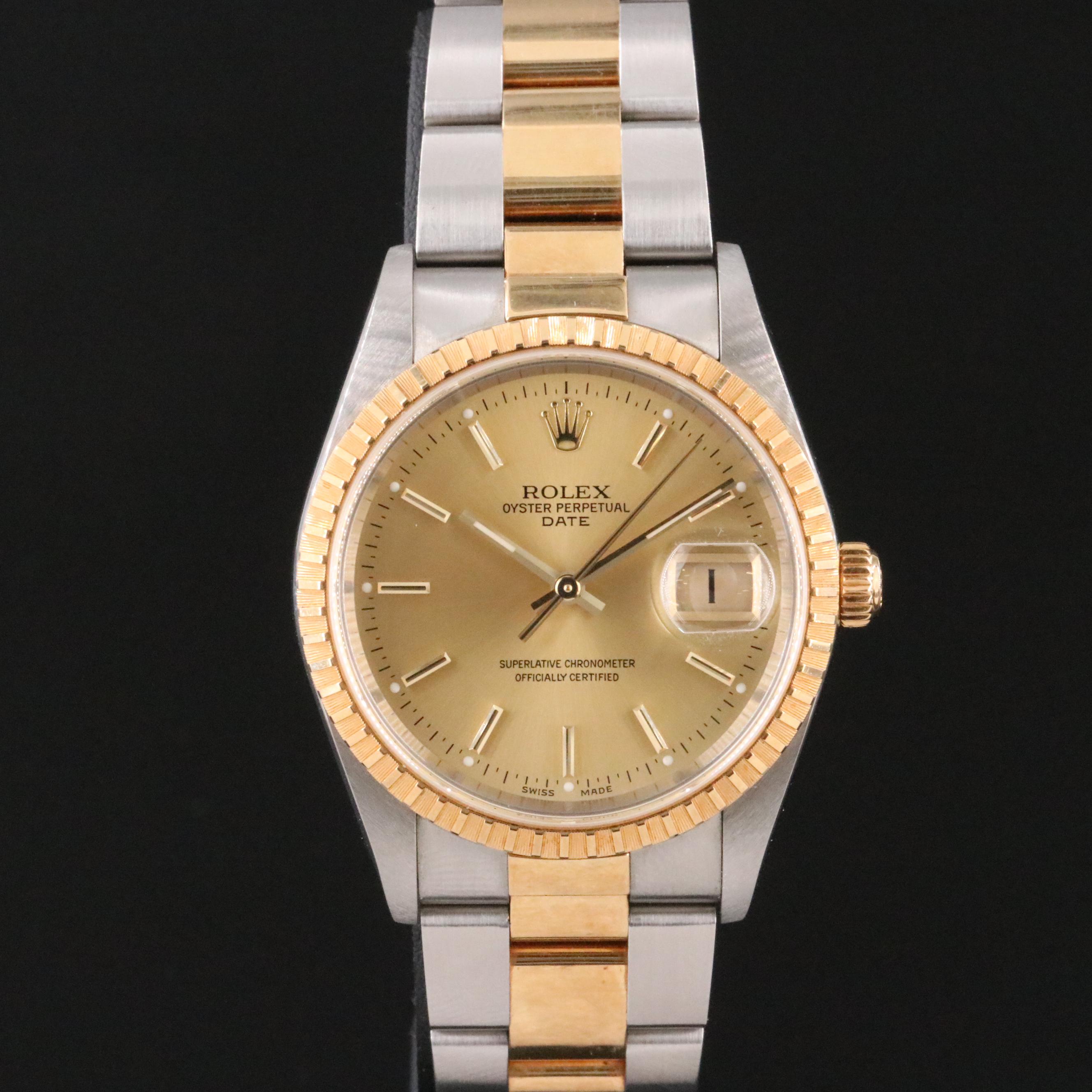 2005 Rolex Oyster Perpetual Date Engine Turned Bezel Watch