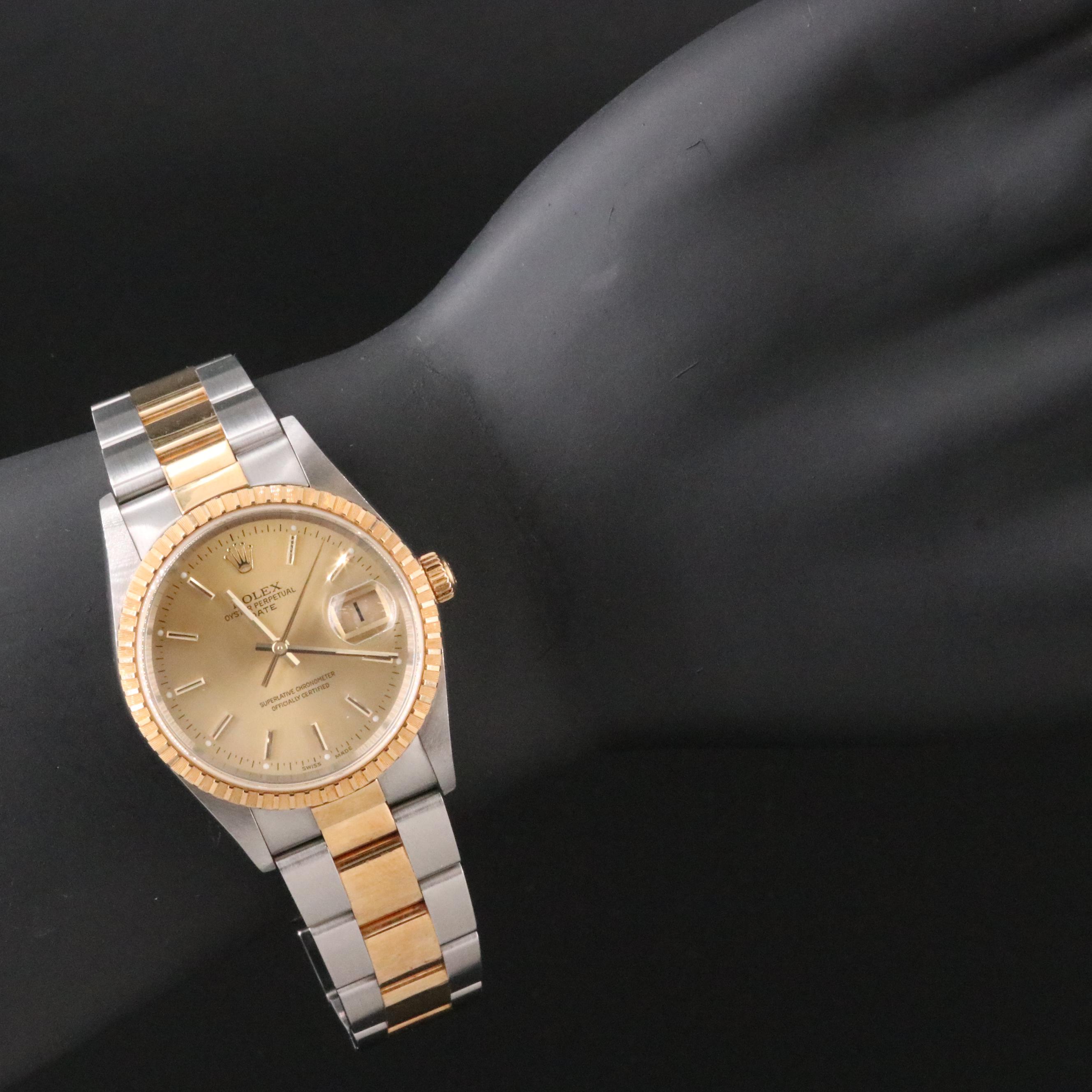 2005 Rolex Oyster Perpetual Date Engine Turned Bezel Watch