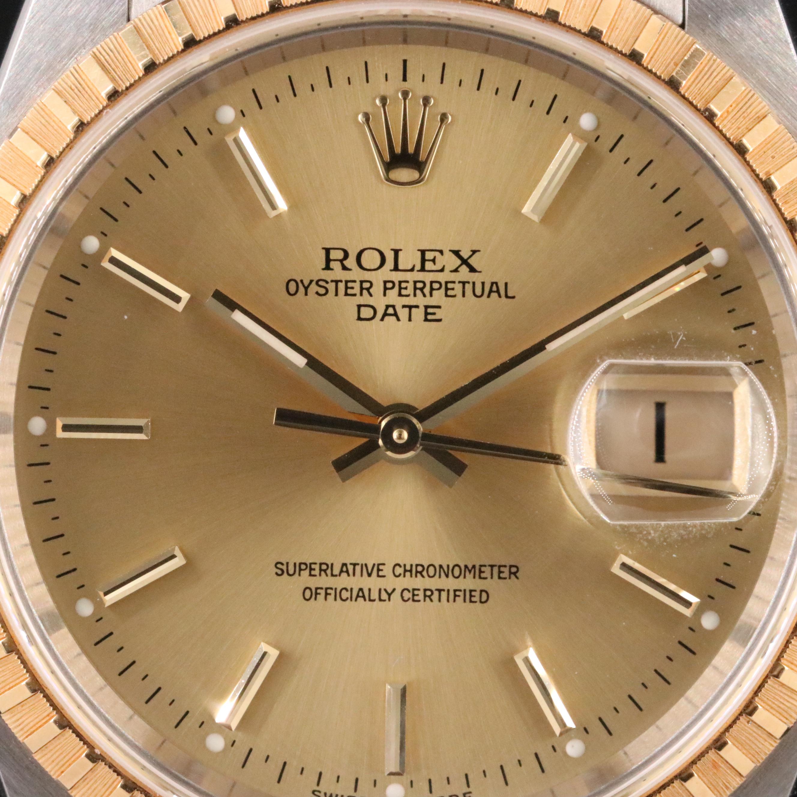 2005 Rolex Oyster Perpetual Date Engine Turned Bezel Watch