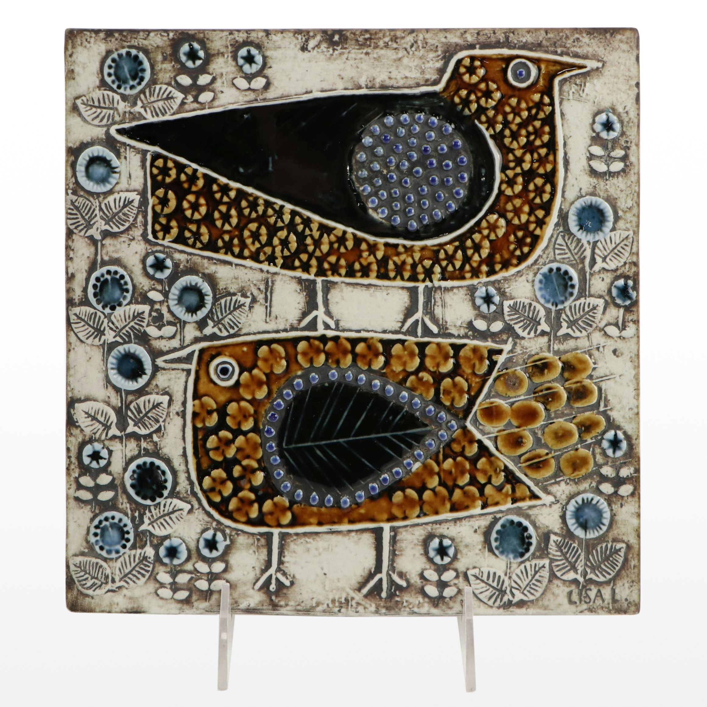 Lisa Larson for Gustavsberg Scandinavian Folk Art Hand-Painted Tile