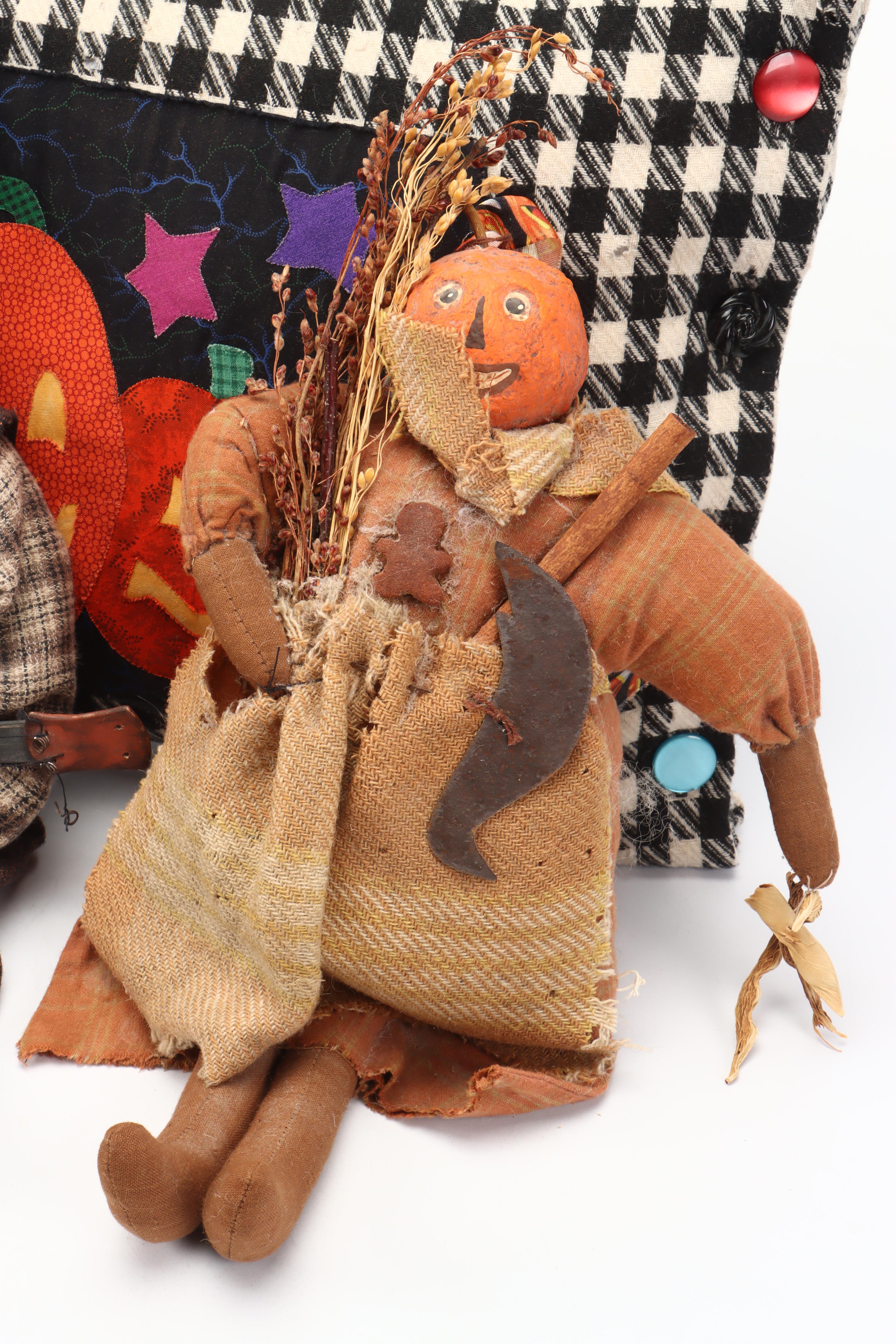 Sharon Miles Fabric Halloween Dolls with Jack-O-Lantern Throw Pillow