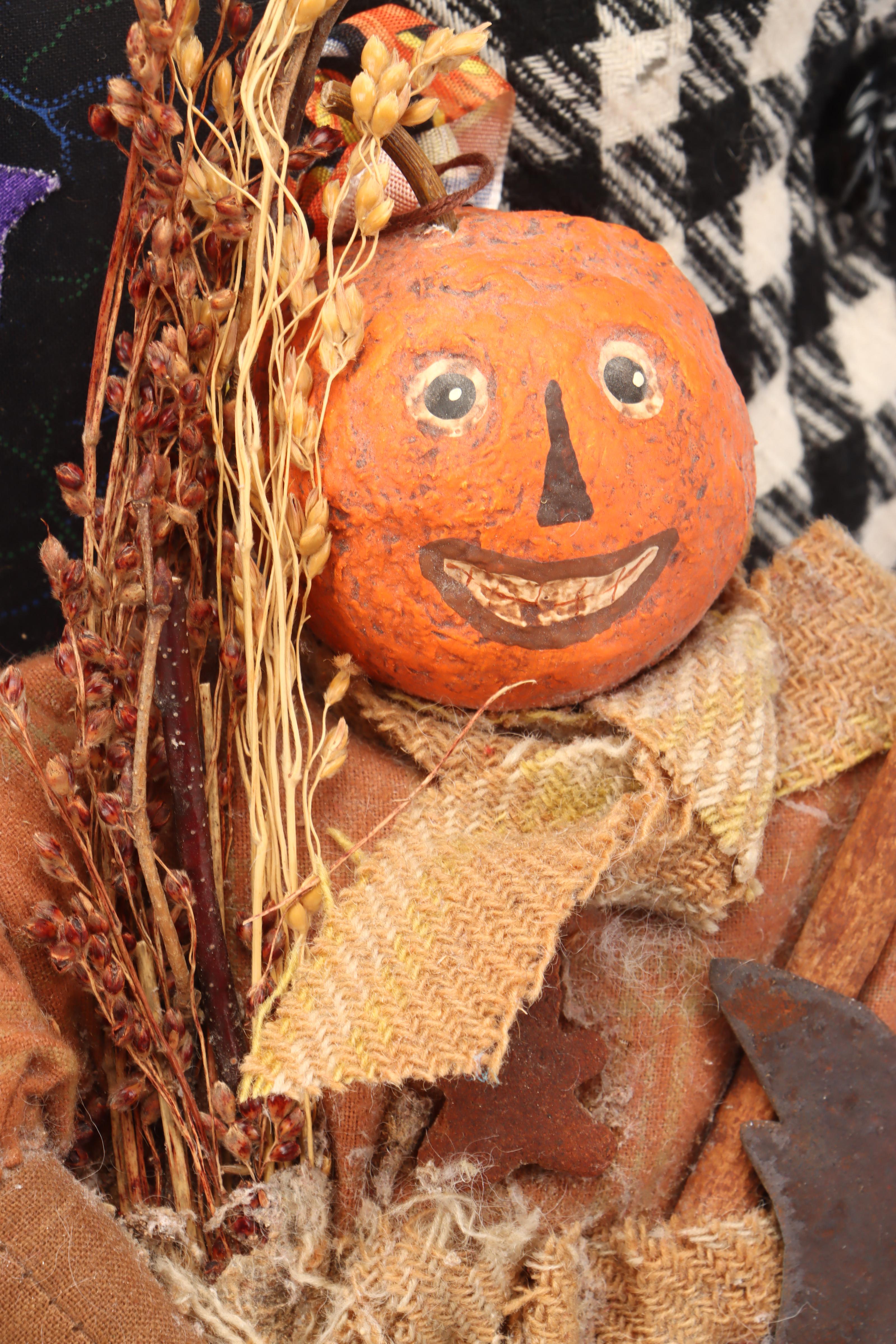 Sharon Miles Fabric Halloween Dolls with Jack-O-Lantern Throw Pillow