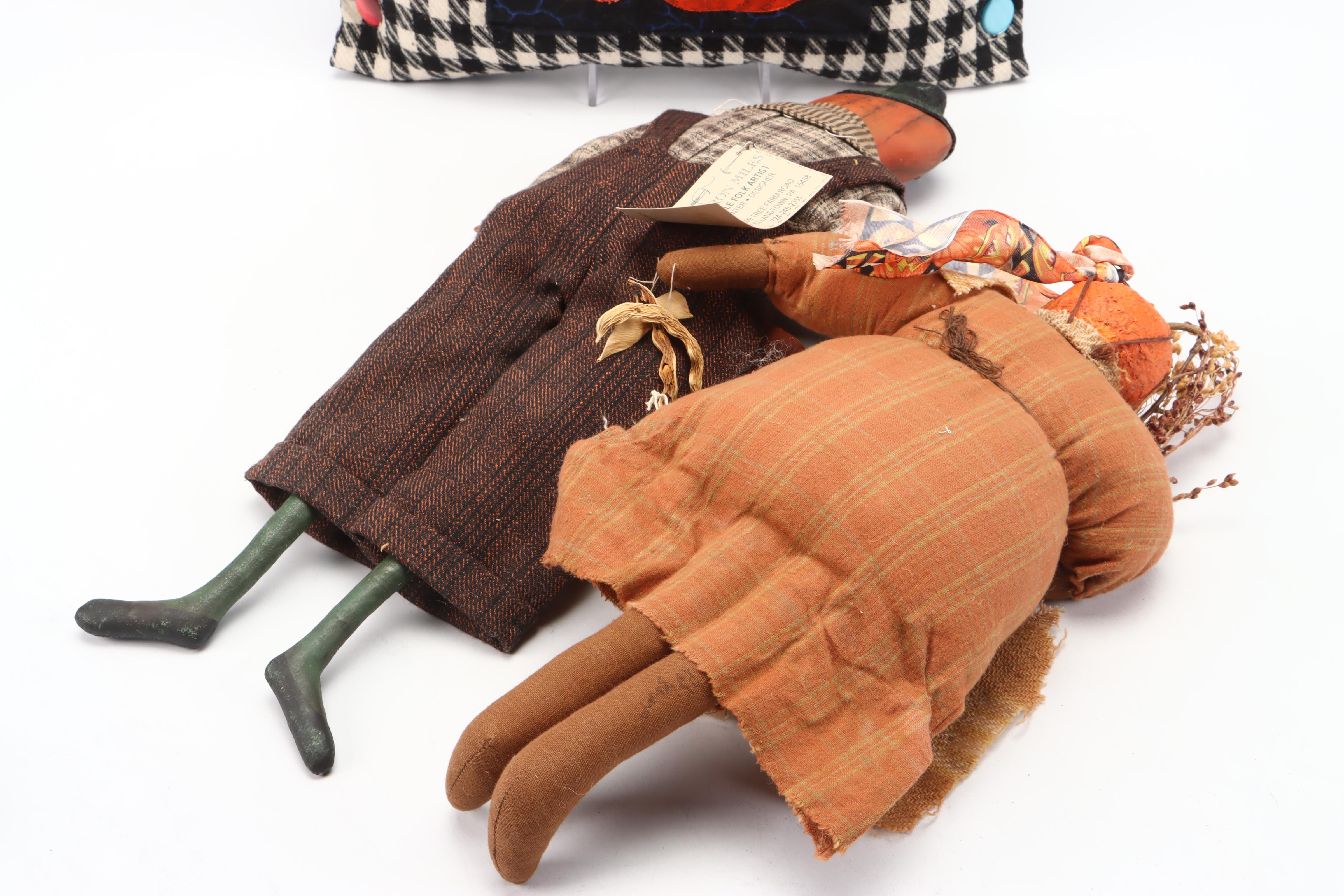 Sharon Miles Fabric Halloween Dolls with Jack-O-Lantern Throw Pillow