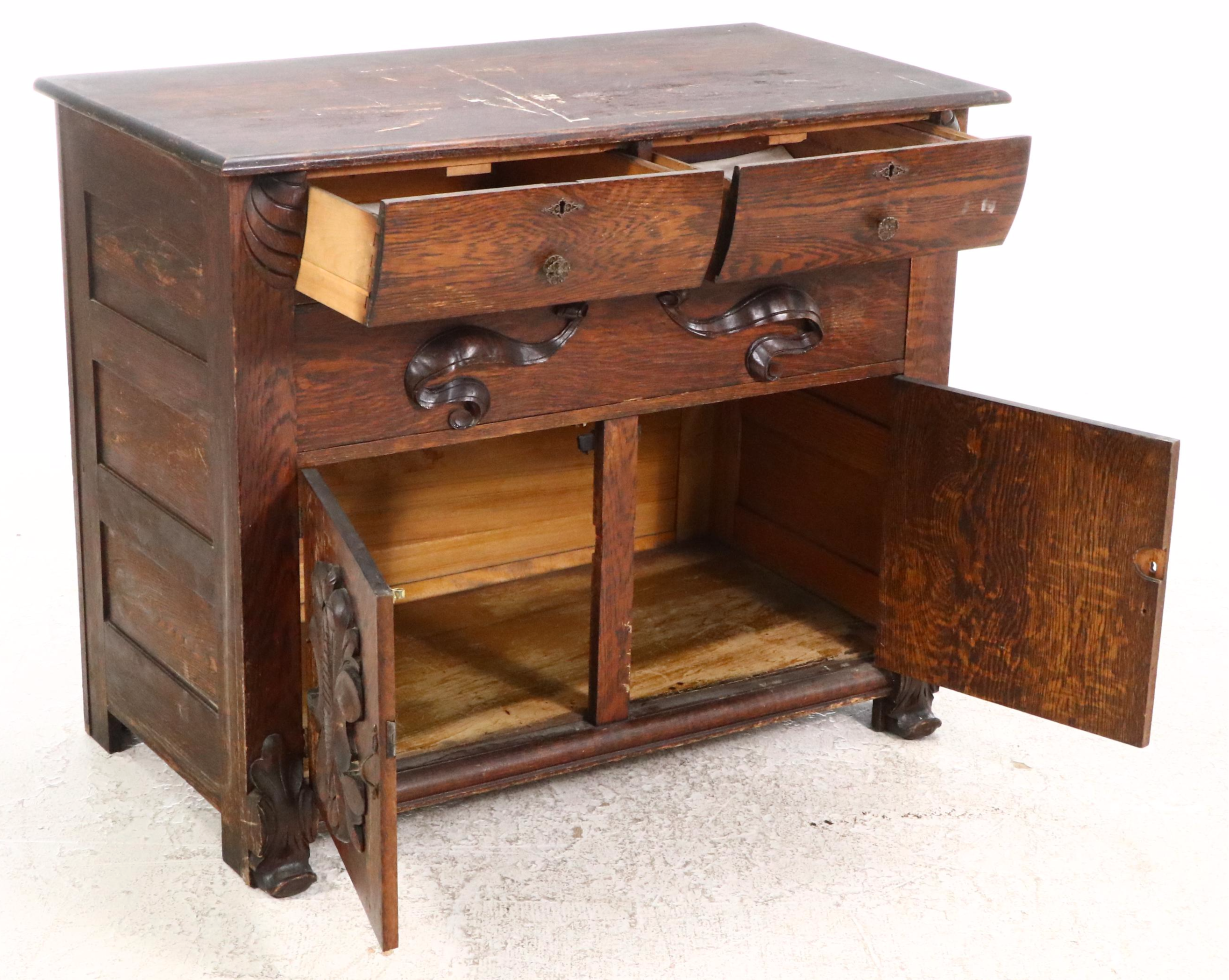 Victorian Carved Oak Washstand, 19th Century