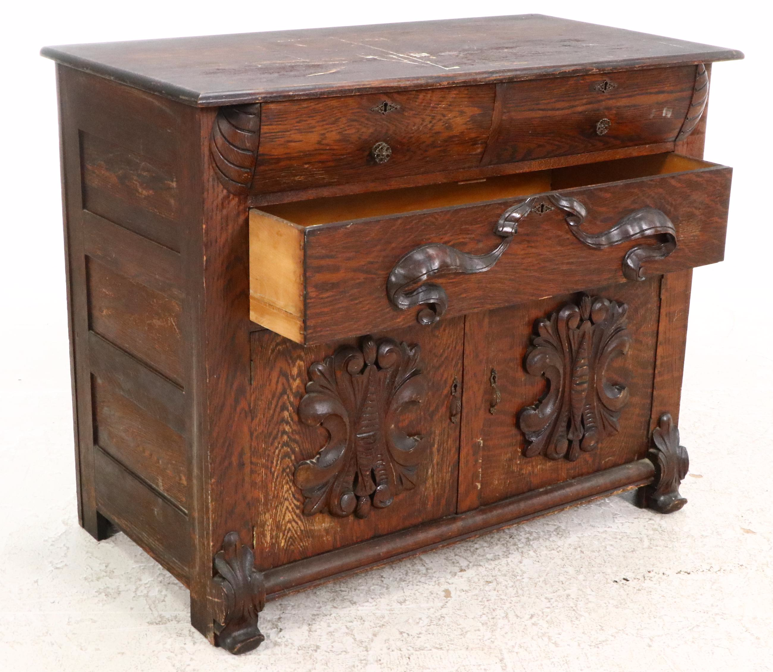 Victorian Carved Oak Washstand, 19th Century