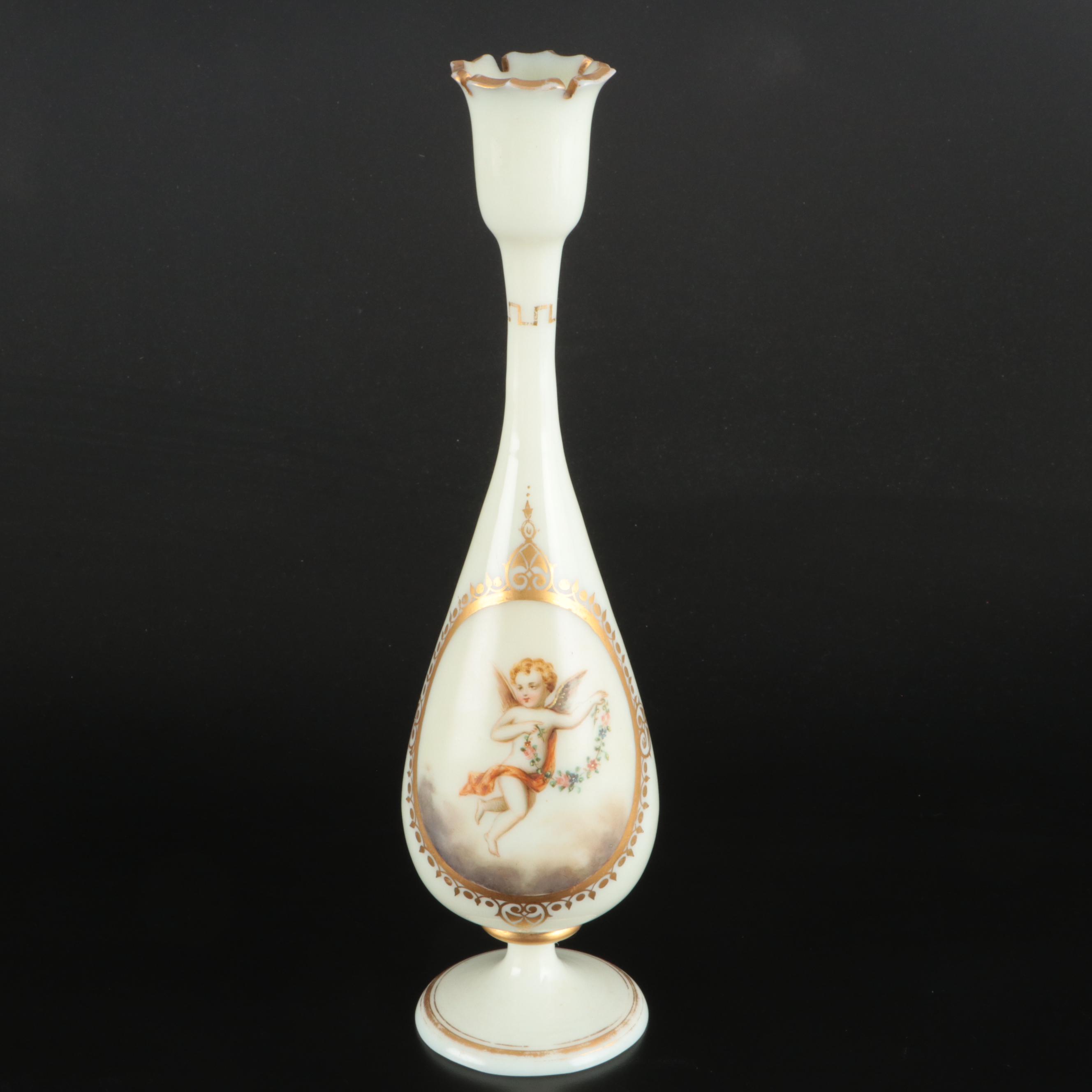 European Hand-Painted Uranium Glass Vase with Fenton Floral Vase