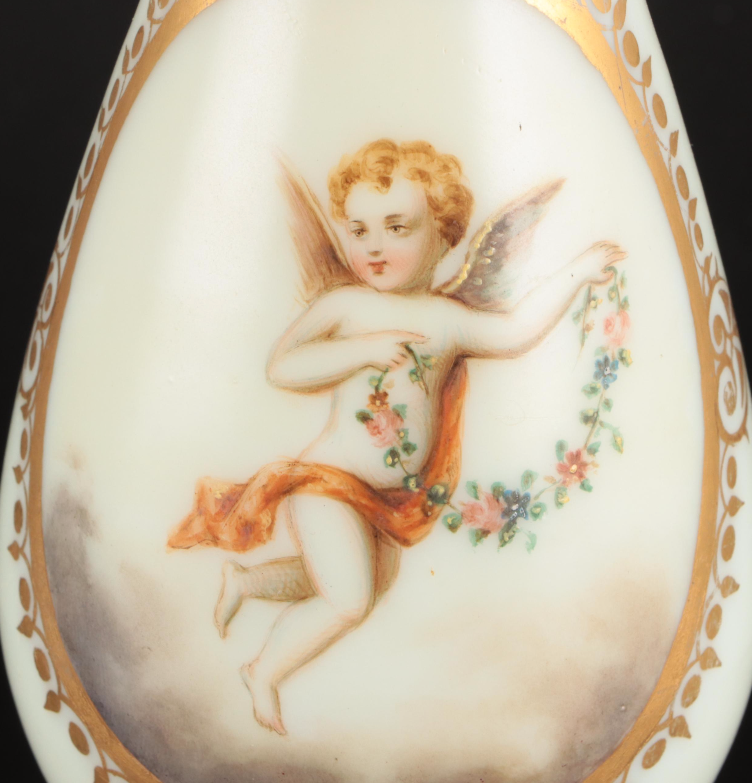 European Hand-Painted Uranium Glass Vase with Fenton Floral Vase