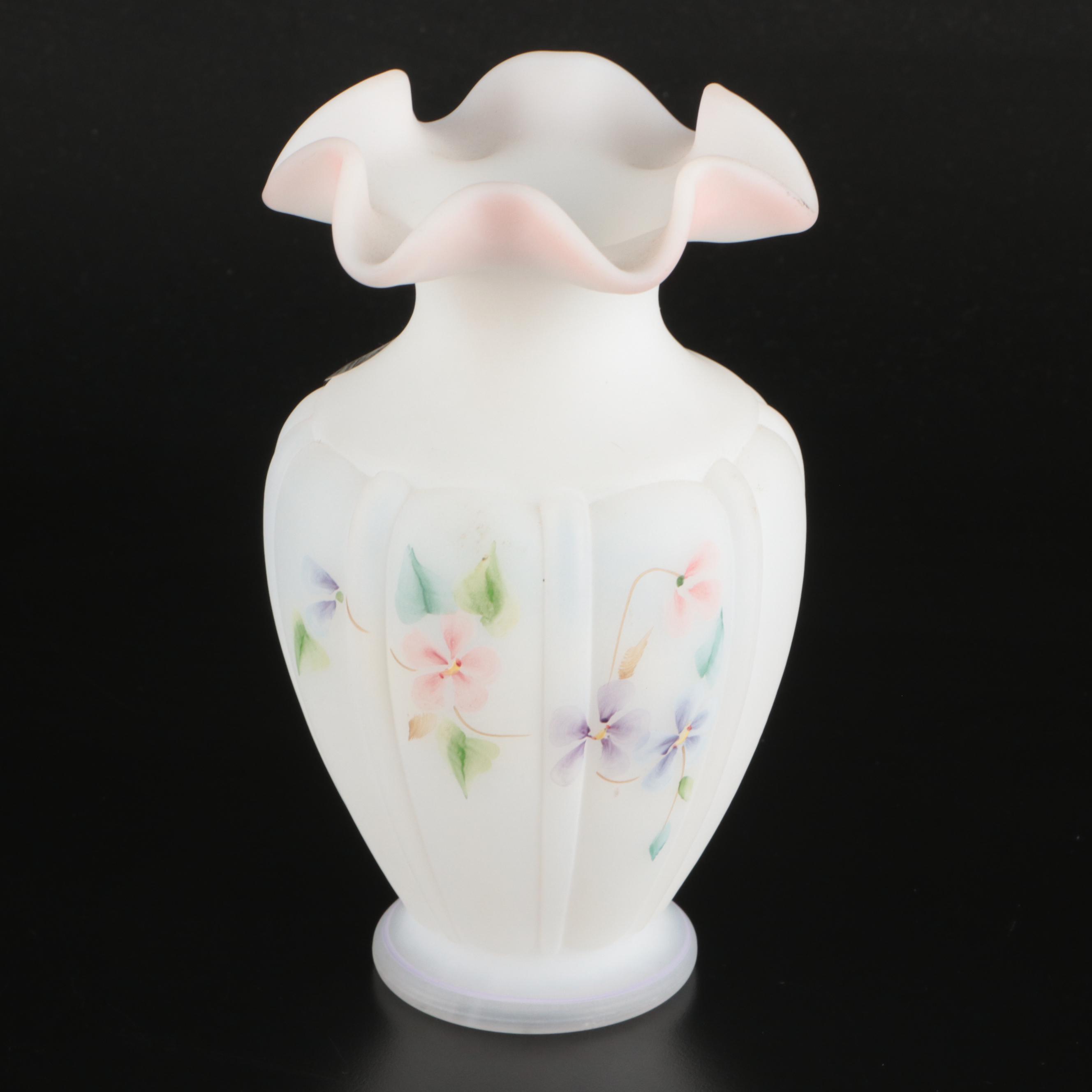 European Hand-Painted Uranium Glass Vase with Fenton Floral Vase