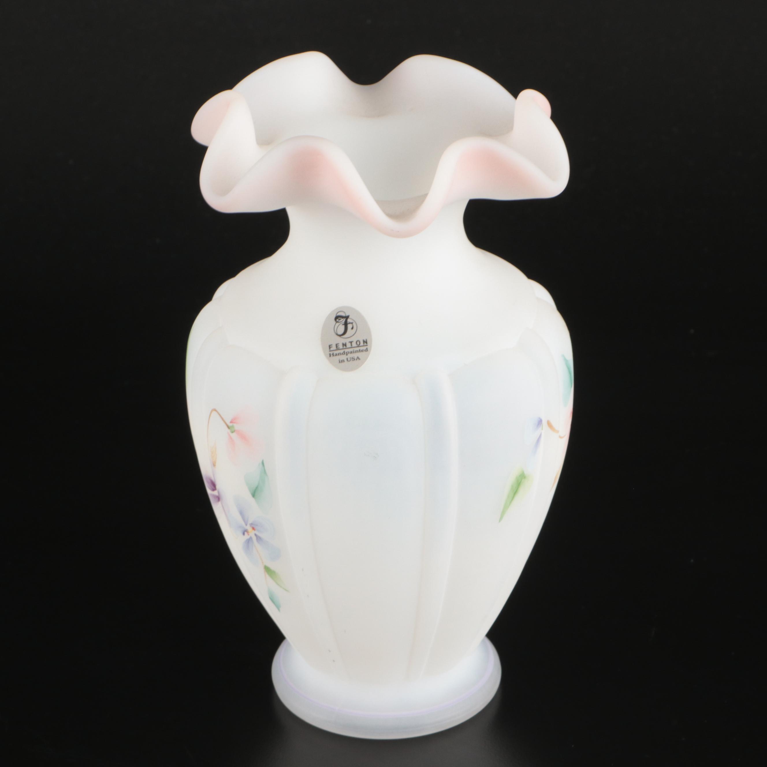 European Hand-Painted Uranium Glass Vase with Fenton Floral Vase